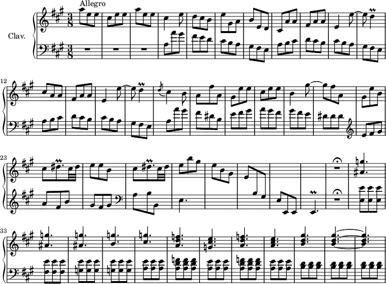 \version "2.18.2"
\header {
tagline = ##f
% composer = "Domenico Scarlatti"
% opus = "K. 280"
% meter = "Allegro"
}
%% les petites notes
trillD = { \tag #'print { d4\prall } \tag #'midi { e32 d e d~ d8 } }
trillDisqp = { \tag #'print { dis8.\prall } \tag #'midi { e32 dis e dis~ dis16 } }
trillEp = { \tag #'print { e4.\prall } \tag #'midi { fis32 e fis e~ e4 } }
upper = \relative c'' {
\clef treble
\key a \major
\time 3/8
\tempo 4. = 88
\set Staff.midiInstrument = #"harpsichord"
\override TupletBracket.bracket-visibility = ##f
s8*0^\markup{Allegro}
a'8 e e | cis e e | a e e | cis4 e8 | d cis b | e gis, a | b e, d |
% ms. 8
cis8 a' a | fis a a | e4 e'8~ | e \trillD | cis8 a a | fis a a | e4 e'8~ |
% ms. 15
e8 \trillD | \acciaccatura d8 cis4 b8 | a fis' a, | gis e' e | cis e e | b4 gis'8~ | gis fis a, |
% ms. 22
gis8 e' b | cis \trillDisqp cis32 dis | e8 e b | cis \trillDisqp cis32 dis | e8 b' gis | e b gis | e \stemUp \change Staff = "lower" b gis |
% ms. 29
s4. | s4. \change Staff = "upper" | R4.\fermata | < ais' g' >4. q q < b g' >4. < cis g' >
% ms. 37
< a d f >4. < g cis e > < a d f > < a cis e > < b d gis > < b d gis >4.~ q
}
lower = \relative c' {
\clef bass
\key a \major
\time 3/8
\set Staff.midiInstrument = #"harpsichord"
\override TupletBracket.bracket-visibility = ##f
% ************************************** \appoggiatura a16 \repeat unfold 2 { } \times 2/3 { } \omit TupletNumber
R4.*3 | a8 a' gis fis e d | cis b a | gis fis e |
% ms. 8
\repeat unfold 2 { a8 b cis | d cis b | cis b a | gis fis e } |
% ms. 16
a a' gis | fis dis b | e fis gis | a gis fis | gis fis e | dis dis dis |
% ms. 22
\clef treble e8 fis gis | a fis b | gis fis gis | \clef bass a,8 b b, | e4. s4. s4. |
% ms. 29
e8 e, e | \trillEp | R4.\fermata | < e' e' >8 q q | < fis e' > q q | < g e' > q q | q q q | < a e' > q q |
% ms. 37
\repeat unfold 2 { < a d f >8 q q | < a e' > q q } | < b d > q q | q q q | q q q |
}
thePianoStaff = \new PianoStaff <<
\set PianoStaff.instrumentName = #"Clav."
\new Staff = "upper" \upper
\new Staff = "lower" \lower
>>
\score {
\keepWithTag #'print \thePianoStaff
\layout {
#(layout-set-staff-size 17)
\context {
\Score
\override SpacingSpanner.common-shortest-duration = #(ly:make-moment 1/2)
\remove "Metronome_mark_engraver"
}
}
}
\score {
\keepWithTag #'midi \thePianoStaff
\midi { }
}