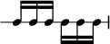 
\header {
  tagline = ##f
}

\score {
  \new RhythmicStaff {
    \time 3/8
    \numericTimeSignature
    \omit Staff.TimeSignature

   c16[ c c] \stemDown c c c 

  }
  \layout {
   % indent = #0
  }
  \midi {}
}

