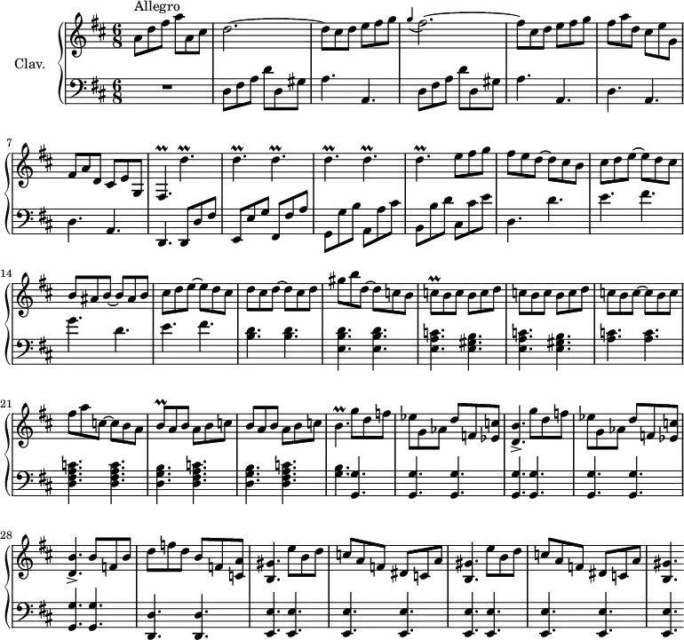 \version "2.18.2"
\header {
tagline = ##f
% composer = "Domenico Scarlatti"
% opus = "K. 401"
% meter = "Allegro"
}
%% les petites notes
trillDp = { \tag #'print { d''4.\prall } \tag #'midi { e32 d e d~ d4 } }
trillFisp = { \tag #'print { fis4.\prall } \tag #'midi { g32 fis g fis~ fis4 } }
trillCq = { \tag #'print { c8\prall } \tag #'midi { d32 c d c } }
trillBq = { \tag #'print { b8\prall } \tag #'midi { c32 b c b } }
trillBp = { \tag #'print { b4.\prall } \tag #'midi { c32 b c b~ b4 } }
upper = \relative c'' {
\clef treble
\key d \major
\time 6/8
\tempo 4. = 92
\set Staff.midiInstrument = #"harpsichord"
\override TupletBracket.bracket-visibility = ##f
s8*0^\markup{Allegro}
a8 d fis a a, cis | d2.~ | d8 cis d e fis g | \appoggiatura g4 fis2.~ | fis8 cis d e fis g |
% ms. 6
fis8 a d, cis e g, | fis a d, cis e g, | \trillFisp \repeat unfold 6 { \trillDp }
% ms. 11 suite
e8 fis g | fis e d~ d cis b | cis d e~ e d cis | b ais b~ b ais b | cis d e~ e d cis |
% ms. 16
d8 cis d~ d cis d gis b d,~ d c b | \trillCq \repeat unfold 2 { b c b c d c } b c~ c b c |
% ms. 21
fis8 a c,~ c b a | \trillBq a8 b a b c | b a b a b c | \trillBp \repeat unfold 2 { g'8 d f | ees g, aes d f, < ees c' >8 |
% ms. 26
< d b' >4.-> } | b'8 f b | d f d b f < c a' > | < b gis' >4. \repeat unfold 2 { e'8 b d | c a f dis c a' < b, gis' >4. }
}
lower = \relative c' {
\clef bass
\key d \major
\time 6/8
\set Staff.midiInstrument = #"harpsichord"
\override TupletBracket.bracket-visibility = ##f
% ************************************** \appoggiatura \repeat unfold 2 { } \times 2/3 { }
R2. | \repeat unfold 2 { d,8 fis a d d, gis | a4. a, } |
% ms. 6
\repeat unfold 2 { d4. a } d,4. d8 d' fis | e, e' g fis, fis' a | g, g' b | a, a' cis |
% ms. 11
b,8 b' d cis, cis' e | d,4. d' | e fis | g d | e fis |
% ms. 16
< b, d >4. q | < e, b' d >4. q | \repeat unfold 2 { < e a c > < e gis b > } | < a c >4. q |
% ms. 21
< d, fis a c >4. q | \repeat unfold 2 { < d g b > < d fis a c > } | < g b > \repeat unfold 9 { < g, g' > }
% ms. 29
< d d' >4. q \repeat unfold 9 { < e e' >4. }
}
thePianoStaff = \new PianoStaff <<
\set PianoStaff.instrumentName = #"Clav."
\new Staff = "upper" \upper
\new Staff = "lower" \lower
>>
\score {
\keepWithTag #'print \thePianoStaff
\layout {
#(layout-set-staff-size 17)
\context {
\Score
\override SpacingSpanner.common-shortest-duration = #(ly:make-moment 1/2)
\remove "Metronome_mark_engraver"
}
}
}
\score {
\keepWithTag #'midi \thePianoStaff
\midi { }
}