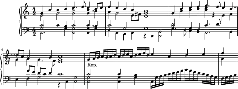 \version "2.14.2"
\header {
tagline = ##f
}
upper = \relative c'' {
\clef treble
\key a \minor
\time 4/2
\tempo 2 = 58
\autoBeamOff
\set fontSize = #-1
<< { g4 c c d e4. f8 e4 d8 e } \\ { e,2 g << g c >> << g4 c >> bes } >>
<< { f'4 e d c b1 } \\ { a4 g2 e8 fis << d1 g >> } >>
<< { g4 d' e f g4. f8 e4 d~ } \\ { s4 b c d << c e >> r4 e,4 f } >>
<< { d'8 c c2 b4 c1 } \\ { g4 a g4. f8 <<e1 g >> } >>
% placer ici la double barre
<< { g8_"Rep." a16 b c b c d c d e c d e f d e4 c d e } \\ {} >>
<< { f4 } \\ { a,4 } >>
}
lower = \relative c {
\clef bass
\key a \minor
\time 4/2
<< { << c'2 g >> c4 b c2 c4 bes } \\ { c,2. g'4 << c,2 g' >> << c,4 g' >> g } >>
<< { c2 g g1 } \\ { f4 c b c r4 g << d'2 g, >> } >>
<< { << d''2 b >> g4 f c'4. d8 } \\ { g,4. f8 e4 d c2. d4 } >>
<< { s4 f'8 e d c d4 c1 } \\ { e,4 f g2 r4 c,4 << g'2 c, >> } >>
<< { c'2 c4 b } \\ { << g2 c,2 >> << g'4 c,4 >> g'4 } >>
c,16 g' a b c d e f g f e d c b a g f g a b
}
\score {
\new PianoStaff <<
\set PianoStaff.instrumentName = #""
\new Staff = "upper" \upper
\new Staff = "lower" \lower
>>
\layout {
\context {
\Score
\remove "Metronome_mark_engraver"
}
}
\midi { }
}