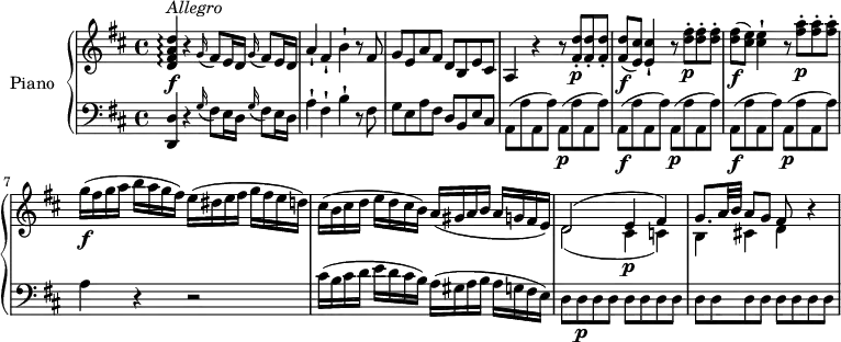 \version  "2.18.2"
\header {
  tagline = ##f
}
upper = \relative c' {
  \clef treble
  \key d \major
  \time 4/4
  \tempo "Allegro"
  \tempo 4 = 130
  %\autoBeamOff
  <d fis a d>4\arpeggio \f ^\markup{ \italic {Allegro } } r
  \repeat unfold 2 {\grace g16 (fis8) e16 d}
  a'4-! fis-! b-! r8 fis8
  g e a fis d b e cis
  a4 r r8 <fis' d'>8-. \p <fis d'>-. <fis d'>-.
  <fis d'> \f (<e cis'>) <e cis'>4-! r8 <d' fis>-. \p <d fis>-. <d fis>-.
  <d fis>\f (<cis e>) <cis e>4-! r8 <fis a>-. \p <fis a>-. <fis a>-.
  g16 \f  (fis g a b a g fis) e (dis e fis g fis e d)
  cis (b cis d e d cis b) a (gis a b a g fis e)
  <<{\stemDown d2 _ (cis4\p c) b cis! d} \\ {\stemUp d2 ^(e4 fis) g8. a32 b a8 g fis}>> r4
}
lower = \relative c' {
  \clef bass
  \key d \major
  \time 4/4
  \set Staff.midiMinimumVolume = #0.2 \set Staff.midiMaximumVolume = #0.5
  <d,, d'>4   r4  \repeat unfold 2 { \grace g'16 (fis8) e16 d }
  a'4-! fis-! b-! r8 fis8
  g e a fis d b e cis
  a (a ' a, a')  a, \p  (a ' a, a') 
  \repeat unfold 2 { a, \f (a ' a, a')  a, \p  (a ' a, a')  }
  a4 r4 r2
  cis16 (b cis d e d cis b) a (gis a b a g fis e)
  d8 d \p \repeat unfold 14 { d }
}
\score {
  \new PianoStaff <<
    \set PianoStaff.instrumentName = #"Piano"
    \new Staff = "upper" \upper
    \new Staff = "lower" \lower
  >>
  \layout {
    \context {
      \Score
      \remove "Metronome_mark_engraver"
    }
  }
  \midi { }
}