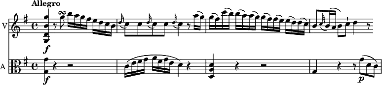 << \new Staff \with { instrumentName = #"V"}  
     \relative c'' {
    \version "2.18.2"
    \key g \major 
    \tempo "Allegro"
    \time 4/4
    \tempo 4 = 110
  <g, d' b' g'>4 \f  r8 g''\turn b16 a g fis e d c b
  \grace d16 (c8) c  \grace d16 (c8) c  \grace d16 (c4) r8 a'16 (g)
  g (fis) c' (b) b (a) a (g) g (fis) fis (e) e (d) d (c)
  b8 \grace c32 (b16) (a  b8) c-! d4 r8
}
\new Staff \with { instrumentName = #"A "} \relative c'' {
    \key g \major 
    \clef "alto"
     <g, g'>4 \f r r2
     c16 (e fis g a fis g e d4) r
     <d, a' d>4 r r2
     g4 r r8 g'\p (d c)
 }
>>