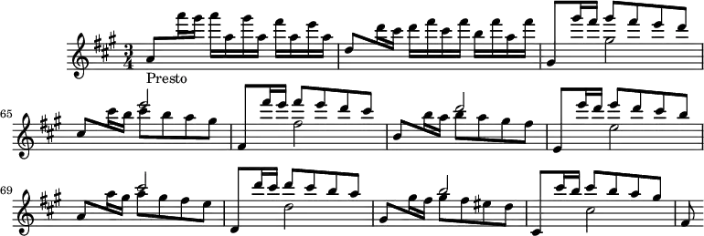 
\version "2.18.2"
\header {
  tagline = ##f
}

\score {
  \new Staff \with {

  }
<<
  \relative c' {
    \key a \major
    \time 3/4
    \override TupletBracket #'bracket-visibility = ##f 
     \set Score.currentBarNumber = #62
    \autoBeamOff
    \set Staff.midiInstrument = #"violin"

     %%%%%%%%%%%%%%%%%%%%%%%%%% Caprice IV, Presto
           <<
                 \new Voice                                
                 \relative c'''
                 {       \voiceOne 
                         a,8_\markup{Presto} \stemDown a''16 gis a a, gis' a, fis' a, e' a, |
                         \stemUp d,8 \stemDown d'16 cis d fis cis fis b, fis' a, fis' | 
                         \stemUp gis,,8 gis''16 fis gis8 fis e  d |
                         cis,8 \stemDown cis'16 b cis8 b a gis |
                         \stemUp fis,8 fis''16 e fis8 e d cis |
                         \stemUp b,8 \stemDown b'16 a b8 a gis fis | 
                         \stemUp e,8 e''16 d e8 d cis b |
                         \stemUp a,8 \stemDown a'16 gis a8 gis fis e | 
                         \stemUp d,8 d''16 cis d8 cis b a | 
                         \stemUp gis,8 \stemDown gis'16 fis gis8 fis eis d
                         \stemUp cis,8 cis''16 b cis8 b a gis | 
                         fis,8
                 }
                                        
                 \new Voice              
                 \relative c'''
                 {      \voiceTwo          
                        s2.*2 s4 gis2 s4 \stemUp e'2 s4 \stemDown fis,2 s4 \stemUp d'2 s4 \stemDown e,2 s4 \stemUp cis'2 s4 \stemDown d,2 s4 \stemUp b'2 s4 \stemDown cis,2 
                 }
         >>
  }
>>
  \layout {
    \context {
      \remove "Metronome_mark_engraver"
    }
  }
  \midi { \tempo 4 = 160 }
}
