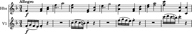 <<
\new Staff \with { instrumentName = #"Hbs "}
\relative c'' {
\version "2.18.2"
\key f \major
\tempo "Allegro"
\time 3/4
f,4 \f <f a> <a c>
<< \relative {f'' a2} \relative {c''2.} >>
<c f>4 <e, g> <g c>
<< \relative {e'' g2} \relative {c''2.} >>
<a f'>4 <f a> <a d>
<d f> <f a>2
<f c'>4 <f, c'> <c c'>
}
\new Staff \with { instrumentName = #"V1 "}
\relative c' {
\version "2.18.2"
\tempo "Allegro"
\key f \major
\time 3/4
f16\f (g f e) f4-. r |
R1*3/4 |
c'16( d c b) c4-. r |
R1*3/4 |
f16( g f e) f4-. r |
R1*3/4 |
c'16( d c b) c4-. r |
}
>>