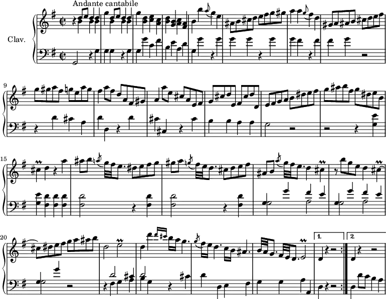 \version "2.18.2"
\header {
  tagline = ##f
  % composer = "Domenico Scarlatti"
  % opus = "K. 304"
  % meter = "Andante cantabile"
}
%% les petites notes
trillCis      = { \tag #'print { cis4\prall~ } \tag #'midi { d32 cis d cis~ cis8~ } }
trillEb       = { \tag #'print { e2\prall } \tag #'midi { fis32 e fis e~ e8~ e4 } }
upper = \relative c'' {
  \clef treble 
  \key g \major
  \time 2/2
  \tempo 2 = 58
  \set Staff.midiInstrument = #"harpsichord"
  \override TupletBracket.bracket-visibility = ##f
  \repeat volta 2 {
      s8*0^\markup{Andante cantabile}
      r4 \repeat unfold 2 { << { d8 e d4 d | s4 } \\ { b4 b b | g' } >> } < b, d >4 < c e > < a c > | < b d > < g b > < a c > < fis a > | b b' \appoggiatura a8 g4 e |
      % ms. 6
      ais,8 b cis d e fis g gis | a4 a \appoggiatura g8 fis4 d | gis,8 a ais b cis d e fis | g gis a fis g e a g |
      % ms. 10
      fis4 a8 fis d a fis gis | a4 a'8 e cis a e fis | g cis d e, fis cis' d d, | e fis g a b dis e  fis | 
      % ms. 14
      g ais b fis g dis e b | \trillCis d4 r4 a'4 | ais8 b \acciaccatura  a8 g32 fis e8. dis8 e fis g | gis a \acciaccatura  g8 fis32 e d8. cis8 d e fis |
      % ms. 18
      ais,8 b \acciaccatura  a'8 g32 fis e8. d4 \trillCis | r8 b'8 g e d4 \trillCis | cis8 dis e fis g a ais b | d,2 \trillEb
      % ms. 22
      d4 d' \grace {   \tempo 2 = 25 d16 cis }   \tempo 2 = 58 b16 a g4. | \acciaccatura  g8 fis16 e d4. c16 b ais4. | b32 a g8. fis32 e d8. \trillEb   }%reprise
   \alternative {
       { d4 r4 r2 }
       { d4 r4 r2 }
    }
}
lower = \relative c' {
  \clef bass
  \key g \major
  \time 2/2
  \set Staff.midiInstrument = #"harpsichord"
  \override TupletBracket.bracket-visibility = ##f
  \repeat volta 2 {
    % ************************************** \appoggiatura a16  \repeat unfold 2 {  } \times 2/3 { }   \omit TupletNumber 
      g,2 r4 g'4 | g g r4 g g g' c, fis | b, e a, d | g, g' r4 g |
      % ms. 6
      g4 g r4 g | g fis r4 fis | fis g r2 | r4 d4 cis a |
      % ms. 10
      d4 d, r4 d' | cis cis, r4 cis' | b b a a | g2 r2 |
      % ms. 14
      r2 r4 < g e' >4 | q < fis d' > q q | q2 r4 q4 | < fis d' >2 r4 q4 |
      % ms. 18
      << { \repeat unfold 2 { g4 g' fis e } | g, g' } \\ { g,2 a | g a | g } >> r2 | r4 << { d'2 cis4 } \\ { fis,4 g a  } >>
      % ms. 22
      << { d2 } \\ { b4 g } >> r4 cis4 | d d, e fis | g g a a,
    }%reprise
   \alternative {
       { d4 r4 r2 }
       { d4 d'8 c b4 a }
}
}
thePianoStaff = \new PianoStaff <<
    \set PianoStaff.instrumentName = #"Clav."
    \new Staff = "upper" \upper
    \new Staff = "lower" \lower
  >>
\score {
  \keepWithTag #'print \thePianoStaff
  \layout {
      #(layout-set-staff-size 17)
    \context {
      \Score
     \override SpacingSpanner.common-shortest-duration = #(ly:make-moment 1/2)
      \remove "Metronome_mark_engraver"
    }
  }
}
\score {
  \unfoldRepeats
  \keepWithTag #'midi \thePianoStaff
  \midi { }
}