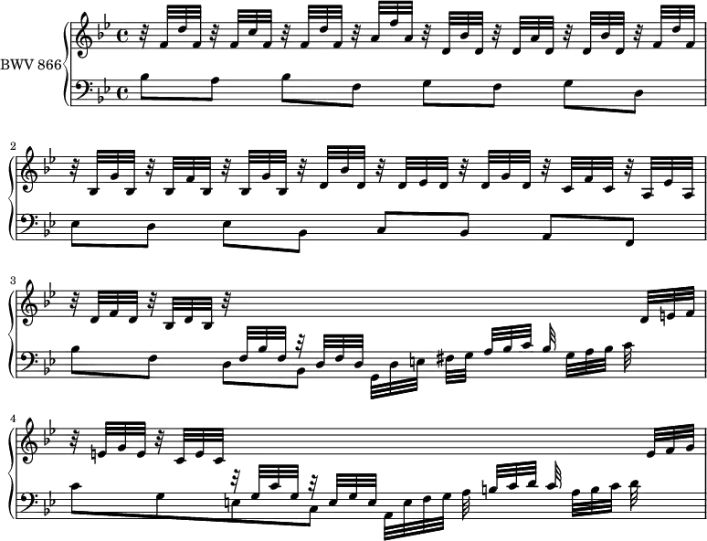 
\version "2.18.2"
\header {
  tagline = ##f
}

upper = \relative c' {
    \clef treble 
    \key bes \major
    \time 4/4
    \tempo 4 = 69
    \set Staff.midiInstrument = #"harpsichord" 

   %% PRÉLUDE CBT I-21, BWV 866, si-bémol majeur
   \stemUp r32 f d' f, r32 f c' f, r32 f d' f, r32 a f' a, r32 d, bes' d, r32 d a' d, r32 d bes' d, r32 f d' f, |
   r32 bes,32 g' bes, r32 bes f' bes, r32 bes g' bes, r32 d bes' d, r32 d ees d r32 d g d r32 c f c r32 a ees' a,
   r32 d f d r32 bes d bes r32 \stemUp \change Staff ="lower" f32 bes f r32 d f d \change Staff ="upper" s8*3 s32 d' e f
   r32 e g e r32 c e c \stemUp \change Staff ="lower" r32 g c g r32 e g e \change Staff ="upper"  s8*3 s32 e'32 f g
      
}

lower = \relative c' {
    \clef bass 
    \key bes \major
    \time 4/4
    \set Staff.midiInstrument = #"harpsichord" 

    \stemDown bes8 a bes[ f] g f g[ d] ees d ees[ bes] \stemUp c bes a[ f] \stemDown bes' f d[ bes] 
    \stemDown g32[ d' e] fis g \stemUp a[ bes c] bes \stemDown g[ a bes] c s32*3
    c8 g e c \stemDown a32[ e' f g] a \stemUp b[ c d] c \stemDown a[ b c] d
} 

\score {
  \new PianoStaff <<
    \set PianoStaff.instrumentName = #"BWV 866"
    \new Staff = "upper" \upper
    \new Staff = "lower" \lower
  >>
  \layout {
    \context {
      \Score
      \remove "Metronome_mark_engraver"
      \override SpacingSpanner.common-shortest-duration = #(ly:make-moment 1/2)
    }
  }
  \midi { }
}
