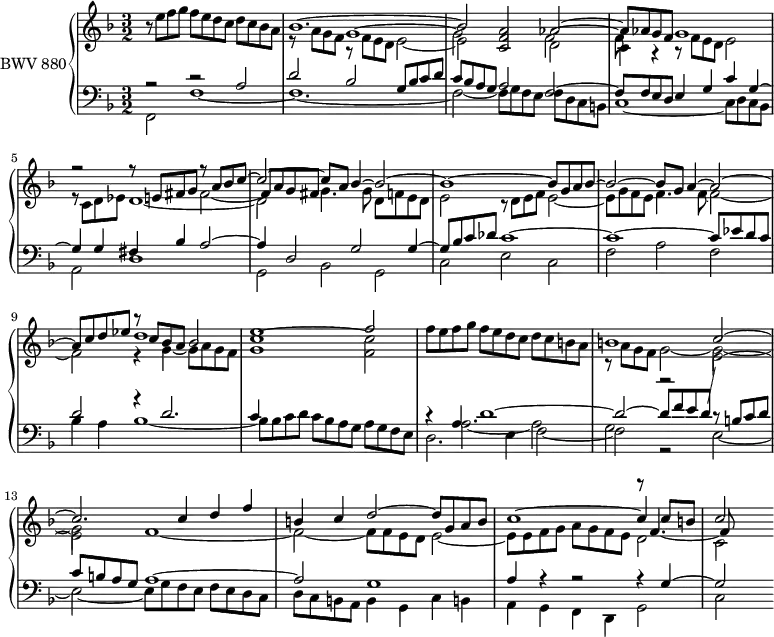 \version "2.18.2"
\header {
tagline = ##f
}
upper = \relative c'' {
\clef treble
\key f \major
\time 3/2
\tempo 2 = 63
\set Staff.midiInstrument = #"harpsichord"
%% PRÉLUDE CBT II-9, BWV 878, mi majeur
r8 e8 f g f e d c d c bes a
<< { bes1.~ bes2 < a f c > aes~ aes8 aes g f g1 } \\ { s2 r8 f e d e2~ e s2 d2~ c4 r4 r8 f8 e d e2 } \\ { e8\rest \stemDown a g f g1~ g2 s2 f2~ f8 } >>
<< { s2 s2 r8 a8 bes c~ c2~ c8 a bes4~ bes2~ bes1~ bes8 g a bes~ bes2~ bes8 g a4~ a2~ a8 c d ees d1 e f2~ } \\ { r8 c,8 d ees d1~ d2 g4. g8 d f e d e2 r8 d8 e f e2~ e8 g f e f4. f8~ f2~ f2 r4 g4~ g8 a g f < c' g >1^~ < c f, >2~ f8 e f g } \\ { r2 r8 e, fis g \stemDown fis2_~ \stemUp fis8 a g fis s1.*3 r8 c'8 bes a bes2 } >>
f'8 e d c d c b a
<< { b1 c2~ c2. c4 d f b, c d2~ d8 g, a b c1~ c4 c8 b c2 } \\ { r8 a8 g f g2~ g~ | g f1~ f2~ f8 f e d e2~ e8 e f g a g f e d2 c } \\ { s1.*3 s1 r8 f4._~ f8 } >>
}
lower = \relative c' {
\clef bass
\key f \major
\time 3/2
\set Staff.midiInstrument = #"harpsichord"
<< { r2 r2 a2 d bes g8 bes c d | c bes a g a2 f2~ f8 f e d e4 g c g~ g g fis bes a2~ | a4 d,2 g g4~ | g8 bes c des c1~ | c~ c8 ees d c d2 r4 d2. c4 } \\ { f,,2 f'1~ f1.~ f2~ f8 g f e f d c b c1~ c8 d c bes a2 d1 g,2 bes g c e c f a f bes4 a bes1~ bes8 bes c d c bes a g a g f e } >>
<< { r4 a4 d1~ d2~ d8 f e d \showStaffSwitch \stemDown \change Staff ="upper" e2~ e } \\ { d,2. e4 f2~ f r2 e2~ e~ e8 g f e f e d c d c b a b4 g c b! | a g f d g2 | c } \\ { s4 \stemDown a'2._~ a2 g r2 r8 \stemUp b c d c b a g a1~ a2 g1 a4 r4 r2 r4 g4~ g2 } >>
}
\score {
\new PianoStaff <<
\set PianoStaff.instrumentName = #"BWV 880"
\new Staff = "upper" \upper
\new Staff = "lower" \lower
>>
\layout {
\context {
\Score
\remove "Metronome_mark_engraver"
\override SpacingSpanner.common-shortest-duration = #(ly:make-moment 1/2)
}
}
\midi { }
}