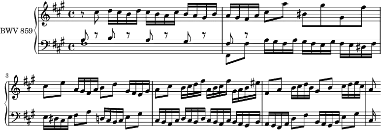 
\version "2.18.2"
\header {
  tagline = ##f
}

upper = \relative c''
{
    \clef treble 
    \key fis \minor
    \time 4/4
    \tempo 4 = 84
    \set Staff.midiInstrument = #"harpsichord" 

   %% PRÉLUDE CBT I-14, BWV 859, fa-dièse mineur

    r8 cis8 d16 cis b d cis b a cis b a gis b | a gis fis a cis8 a' bis, gis' gis, fis' |
    cis8 e a,16 gis fis a b8 d gis,16 fis16 e gis | a8 cis b16 cis d fis a, b cis fis gis, a b eis fis,8 a b16 cis d b gis8 b cis16 d e cis a8
}

lower = \relative c'
{
    \clef bass 
    \key fis \minor
    \time 4/4
    \set Staff.midiInstrument = #"harpsichord" 

    << { a8 r8 b r8 a r8 gis r8 fis r8 } \\ { fis1 fis,8 fis' a16 gis fis a gis fis e gis fis e dis fis } >>
    e dis cis e fis8 a d,16 cis b cis e8 gis cis,16 b a cis d cis b d cis b a cis b a gis b | a gis fis a d8 fis b,16 a gis b e8 gis | cis,16
} 

\score {
  \new PianoStaff <<
    \set PianoStaff.instrumentName = #"BWV 859"
    \new Staff = "upper" \upper
    \new Staff = "lower" \lower
  >>
  \layout {
    \context {
      \Score
      \remove "Metronome_mark_engraver"
      %\override SpacingSpanner.common-shortest-duration = #(ly:make-moment 1/2) 
    }
  }
  \midi { }
}
