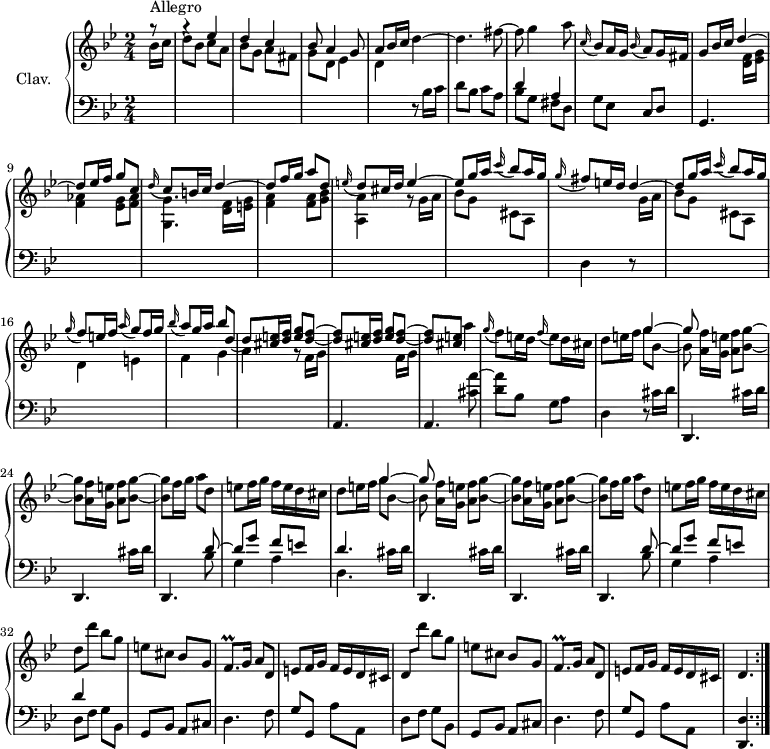 \version "2.18.2"
\header {
  tagline = ##f
  % composer = "Domenico Scarlatti"
  % opus = "K. 196"
  % meter = "Allegro"
}
%% les petites notes
trillFqp       = { \tag #'print { f8.\prall } \tag #'midi { g32 f g f~ f16 } }
upper = \relative c'' {
  \clef treble 
  \key g \minor
  \time 2/4
  \tempo 4 = 82
  \set Staff.midiInstrument = #"harpsichord"
  \repeat volta 2 {
      s8*0^\markup{Allegro}
      \partial 8 g'8\rest | g4\rest \stemUp ees4 | d c | bes8 a4 g8 | a bes16 c \stemNeutral   d4~ |
      % ms. 5
      d4. fis8~ | fis g4 a8 | \appoggiatura c,16 bes8 a16 g \appoggiatura bes16 a8 g16 fis | g8 bes16 c \stemUp d4^~ | d8 ees16 f g8 c, |
      % ms. 10
      \appoggiatura d16 c8 b16 c d4^~ | d8 f16 g a8 d, | \appoggiatura e16 d8 cis16 d e4^~ | e8 g16 a \appoggiatura c16 bes8 a16 g | \appoggiatura g16 fis8 e16 d d4^~ |
      % ms. 15
      d8 g16 a \appoggiatura c16 bes8 a16 g | \appoggiatura g16 f8 e16 f \appoggiatura a16 g8 f16 g | \appoggiatura bes16 a8 g16 a bes8 d,~ | d \repeat unfold 2 { < cis e >16  < d f > < e g >8 < d f >~ |
      % ms. 20
      q } < cis e >8  \stemNeutral  a'4 | \appoggiatura g16 f8 e16 d \appoggiatura f16 e8 d16 cis | d8 e16 f << { g4~ | g8 } \\ { g8 bes,~ | bes } >> \repeat unfold 2 { < a f' >16 < g e' > < a f' >8 < bes g' >~ |
      % ms. 25
      q } f'16 g a8 d, | e f16 g f e d cis | d8 e16 f << { g4~ | g8 } \\ { g8 bes,~ | bes } >> \repeat unfold 2 { < a f' >16 < g e' > < a f' >8 < bes g' >~ |
      % ms. 30
      q } f'16 g a8 d, | e f16 g f e d cis | d8 d' bes g | e cis bes g | \trillFqp g16 a8 d, |
      % ms. 35
      e8 f16 g f e d cis | d8 d'' bes g | e cis bes g | \trillFqp g16 a8 d, | e f16 g f e d cis | d4. }%repet
}
lower = \relative c' {
  \clef bass
  \key g \minor
  \time 2/4
  \set Staff.midiInstrument = #"harpsichord"
  \repeat volta 2 {
    % ************************************** \appoggiatura a16  \repeat unfold 2 {  } \times 2/3 { }   \omit TupletNumber 
      \stemDown \change Staff = "upper"  bes'16 c | d8 bes c a | bes g a fis | g d ees4 | d \stemNeutral \change Staff = "lower"  r8 bes16 c |
      % ms. 5
      d8 bes c a | << { d4 a } \\ { bes8 g fis d } >> | g8 ees c d | g,4. \stemDown \change Staff = "upper" < d'' f >16 < ees g > | < f aes >4 < ees g >8 < f aes > |
      % ms. 10
      < g, g' >4. < d' f >16 < e g > | < f a >4 q8 < g bes > | < a, a' >4 r8 g'16 a | bes8 g cis, a | \stemNeutral \change Staff = "lower"  d,4 r8 \stemDown \change Staff = "upper"  g'16 a |
      % ms. 15
      bes8 g cis, a | d4 e | f g | a  r8 \repeat unfold 2 { \stemDown \change Staff = "upper" f16 g \stemNeutral \change Staff = "lower" |
      % ms. 20
      a,,4. } < cis' a' >8~ | < d a' > bes g a | d,4 r8 \repeat unfold 3 { cis'16 d |
      % ms. 25
      d,,4. } << { d''8~ | d g f e | d4. } \\ { bes8 | g4 a | d,4. } >> \repeat unfold 3 { cis'16 d |
      % ms. 30
      d,,4. } << { d''8~ | d g f e | d4 } \\ { bes8 | g4 a | d,8 f g bes, } >> | g bes a cis | d4. f8 |
      % ms. 35
      g8 g, a' a, | d f g bes, | g bes a cis | d4. f8 | g g, a' a, | < d, d' >4. }%repet
}
thePianoStaff = \new PianoStaff <<
    \set PianoStaff.instrumentName = #"Clav."
    \new Staff = "upper" \upper
    \new Staff = "lower" \lower
  >>
\score {
  \keepWithTag #'print \thePianoStaff
  \layout {
      #(layout-set-staff-size 17)
    \context {
      \Score
     \override TupletBracket.bracket-visibility = ##f
     \override SpacingSpanner.common-shortest-duration = #(ly:make-moment 1/2)
      \remove "Metronome_mark_engraver"
    }
  }
}
\score {
  \unfoldRepeats
  \keepWithTag #'midi \thePianoStaff
  \midi { }
}