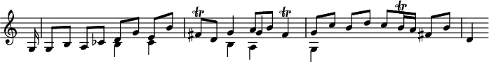 
\version "2.18.2"
\header {
  tagline = ##f
}

\score {
  \new Staff \with {
    \remove "Time_signature_engraver"
    instrumentName = #" "
  }
  \relative c'' {
    \time 2/2
    \tempo 2 = 82
    \clef treble
    \override Rest #'style = #'classical %% CODE CORRECT
    \set Staff.keySignature = #`(((0 . 10) . ,FLAT)
                                ((0 . 3) . ,SHARP)
                                ((0 . 7) . ,SHARP))

    \partial 16 g,16 | g8[ b] a[ ces] << { d[ g] e[ b'] } \\ { b,4 ces } >>
    fis8\trill d << { g4 a8 b fis4\trill } \\ { b,4 a } \\ { s4 g'4 } >>
    << { g8[ c] b[ d] c[ b16\trill a] fis8[ b] } \\ { g,4 } >>
    d'4
 
  }
  \layout {
    \context {
      \Score
      \remove "Metronome_mark_engraver"
    }
  }
  \midi {}
}
