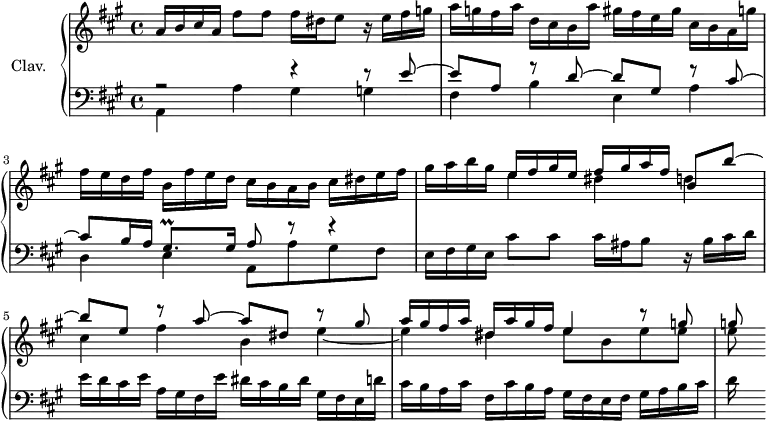 \version "2.18.2"
\header {
tagline = ##f
}
mordanG = { \tag #'print { gis8.\prall } \tag #'midi { \times 2/3 { a32 gis a } gis16 } }
upper = \relative c'' {
\clef treble
\key a \major
\time 4/4
\tempo 4 = 66
\set Staff.midiInstrument = #"harpsichord"
%% PRÉLUDE CBT I-19, BWV 865, la majeur
a16 b cis a fis'8 fis fis16 dis e8 r16 e fis g a g fis a d, cis b a' gis fis e gis cis, b a g' fis e d fis b, fis' e d cis b a b cis dis e fis gis a b gis << { e16 fis gis e fis gis a fis b,8 b'~ | b e, r8 a~ a dis, r8 gis a16 gis fis a dis, a' gis fis e4 r8 g | g } \\ { e4 dis d cis fis b, e~ e dis e8 b e e e } >>
}
lower = \relative c {
\clef bass
\key a \major
\time 4/4
\set Staff.midiInstrument = #"harpsichord"
<< { r2 r4 r8 e'8~ e a, r8 d~ d gis, r8 cis~ cis b16 a \mordanG gis16 a8 r8 r4 } \\ { a,4 a' gis g fis b e, a d, e a,8 a' gis fis } >>
e16 fis gis e cis'8 cis cis16 ais b8 r16 b cis d e d cis e a, gis fis e' dis cis b dis gis, fis e d' cis b a cis fis, cis' b a gis fis e fis gis a b cis d
}
thePianoStaff = \new PianoStaff <<
\set PianoStaff.instrumentName = #"Clav."
\new Staff = "upper" \upper
\new Staff = "lower" \lower
>>
\score {
\keepWithTag #'print \thePianoStaff
\layout {
\context {
\Score
\remove "Metronome_mark_engraver"
}
}
}
\score {
\keepWithTag #'midi \thePianoStaff
\midi { }
}