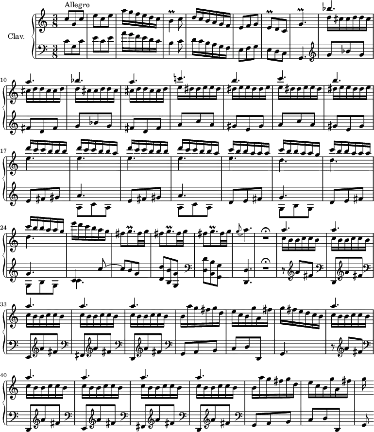 \version "2.18.2"
\header {
tagline = ##f
}
%% les petites notes
trillB = { \tag #'print { b4\prall } \tag #'midi { c32 b c b~ b8 } }
trillGpup = { \tag #'print { g'4.\prall } \tag #'midi { a32 g a g~ g8~ g8 } }
trillGp = { \tag #'print { g8.\prall } \tag #'midi { \times 2/3 { a32 g a } g16~ g16 } }
trillEq = { \tag #'print { e8\prall } \tag #'midi { \times 2/3 { f32 e f } e16 } }
upper = \relative c'' {
\clef treble
\key c \major
\time 3/8
\tempo 4. = 70
\set Staff.midiInstrument = #"harpsichord"
c8^\markup{Allegro} g c | e c e | a16 g f e d c | \trillB c8 | d16 c b a g f | e8 f g | \trillEq d8 c | \trillGpup |
% ms. 9
<< { bes'4. | a | bes | a | c! | b | c | b | \repeat unfold 2 { d16 c c b b b | d c c b b a } | \repeat unfold 2 { c16 b b a a a | c b b a a g } } \\ { d16 \repeat unfold 5 { cis16 cis d d } cis16 cis d | e \repeat unfold 5 { dis16 dis e e } dis16 dis e | \repeat unfold 5 { e4. } | \repeat unfold 3 { d4. } } >>
% ms. 25
e'16 d c b a g | \repeat unfold 3 { fis8 \trillGp fis32 g } | \appoggiatura g8 a4. | R4.\fermata |
% ms. 31
\repeat unfold 5 { << { a4. } \\ { c,16 b b c c b } >> } |
% ms. 36
b16 a' g fis g d | e c b g' a, fis' | g fis e d c b | % << { a'4. } \\ { c,16 } >>
% ms. 39
\repeat unfold 5 { << { a'4. } \\ { c,16 b b c c b } >> } |
% ms. 44
b16 a' g fis g d | e c b g' a, fis' | g
}
lower = \relative c' {
\clef bass
\key c \major
\time 3/8
\set Staff.midiInstrument = #"harpsichord"
% **************************************
c8 g c | e c e | a16 g f e d c | b4 c8 | d16 c b a g f | e8 f g | e8 d8 c | g4.
% ms. 9
\clef treble \repeat unfold 2 { g''8 bes g fis d fis } | \repeat unfold 2 { a8 c a gis e gis } | \repeat unfold 2 { e8 fis gis |
% ms. 18
<< { a4. } \\ { a,8 c a } >> } | \repeat unfold 2 { d8 e fis << { g4. } \\ { g,8 b g } >> } | << { c4 c'8~ | c8 b g } \\ { c,4. } >> | < d d' >8 < b b' > < g g' > | \clef bass < d d' >8 < b b' > < g g' > | < d d' >4. | R4.\fermata |
% ms. 31
r8 \clef treble a'''8 fis | \clef bass d,,8 \clef treble a'''8 fis | \clef bass e,,8 \clef treble a''8 fis | \clef bass fis,,8 \clef treble a''8 fis | \clef bass d,,8 \clef treble a'''8 fis | \clef bass g,,8 a b | c d d, | g4. |
% ms. 39
r8 \clef treble a''8 fis | \clef bass d,,8 \clef treble a'''8 fis | \clef bass e,,8 \clef treble a''8 fis | \clef bass fis,,8 \clef treble a''8 fis | \clef bass d,,8 \clef treble a'''8 fis | \clef bass g,,8 a b | c d d, | g8
}
thePianoStaff = \new PianoStaff <<
\set PianoStaff.instrumentName = #"Clav."
\new Staff = "upper" \upper
\new Staff = "lower" \lower
>>
\score {
\keepWithTag #'print \thePianoStaff
\layout {
#(layout-set-staff-size 17)
\context {
\Score
\override SpacingSpanner.common-shortest-duration = #(ly:make-moment 1/2)
\remove "Metronome_mark_engraver"
}
}
}
\score {
\keepWithTag #'midi \thePianoStaff
\midi { }
}