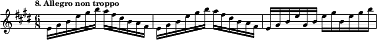 %etude8
\relative e'
{
\time 6/8
\tempo "8. Allegro non troppo"
\key e \major
e16 gis b e gis b a fis dis b a fis | e16 gis b e gis b a fis dis b a fis | e gis b e gis, b e gis b, e gis b |
}