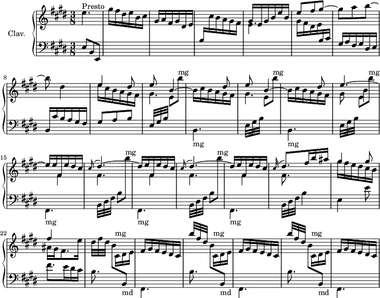 
\version "2.18.2"
\header { 
  tagline = ##f
  % composer = "Domenico Scarlatti"
  % opus = "K. 28"
  % meter = "Allegro"
}

%% les petites notes
trillBesp     = { \tag #'print { bes4.\prall } \tag #'midi { c32 bes c bes~ bes4 } }

upper = \relative c'' {
  \clef treble 
  \key e \major
  \time 3/8
  \tempo 2 = 52
  \set Staff.midiInstrument = #"harpsichord"
  \override TupletBracket.bracket-visibility = ##f
  \omit TupletNumber

      s8*0^\markup{Presto}
      e4. | gis16 fis dis e b cis | gis16 a fis gis dis e | \stemUp \change Staff = "lower" b \stemDown \change Staff = "upper" cis' b a gis fis | \stemUp gis e gis b e b | e8 fis gis~ | \stemNeutral
      % ms. 7
      gis8 a b~ | b dis,4 | << { e4 dis8 } \\ { e16 cis b a gis fis } >> | \repeat unfold 2 { << { e'8 b4~ | \stemDown b16 cis b a gis fis  } \\ { gis4. | \stemUp s4 dis'8 } >> }
      % ms. 14
      << { e4.~ | e16 e fis, e' dis cis } \\ { gis8 b4 | s8 fis4 } >> |
      \repeat unfold 2 { << { \appoggiatura cis'16 dis4.~ | dis16 e fis, e' dis cis } \\ { fis,4. | s8 fis4 } >> }
      % ms. 20
      << { \appoggiatura cis'32 dis8. fis16 b ais | gis4 gis8 | fis4 } 
      \\ { fis,8. s16 s8 | gis'16 fis e dis cis b | ais gis fis8. e'16 } >> |
      \times 4/3 { dis32[ fis dis] }  \stemDown b8 \stemUp  \change Staff = "lower"  b,,-\markup{md}
      % ms. 24
      \stemUp \change Staff = "upper" fis''16 gis fis e dis cis
      \repeat unfold 2 { \times 4/3 { b''32[ fis dis] }  \stemDown b8 \stemUp  \change Staff = "lower"  b,,-\markup{md} | \stemUp \change Staff = "upper" fis''16 gis fis e dis cis }

}

lower = \relative c' {
  \clef bass
  \key e \major
  \time 3/8
  \set Staff.midiInstrument = #"harpsichord"
  \override TupletBracket.bracket-visibility = ##f
  \omit TupletNumber

    % ************************************** \appoggiatura a8  \repeat unfold 2 {  } \times 2/3 { }   \omit TupletNumber 
      e,8 b e, | s4.*3 | \stemDown \change Staff = "upper"  e''4. | gis16 fis dis e \stemUp \change Staff = "lower" b cis |
      % ms. 7
      gis16 a fis gis dis e | b cis' b a gis fis | gis8 a b | \repeat unfold 2 { \times 4/3 { e,32[ gis b] } \stemDown \change Staff = "upper" e8 b''^\markup{mg} \change Staff = "lower" b,,,4.-\markup{mg} }
      % ms. 14
      \times 4/3 { e32[ gis b] } \stemDown \change Staff = "upper" e8 b''^\markup{mg} \change Staff = "lower" fis,,,4.-\markup{mg}
      \repeat unfold 2 { \times 4/3 { b32[ dis fis] } b8 \stemDown \change Staff = "upper" b''^\markup{mg} \change Staff = "lower" fis,,,4.-\markup{mg} }
      % ms. 20
      \times 4/3 { b32[ dis fis] } b4 | e, e'8 | fis8. e16 dis cis | \repeat unfold 3 { b8. \stemDown \change Staff = "upper" cis16[^\markup{mg} dis e] | \change Staff = "lower"
      % ms. 24
      fis,,4. }

}

thePianoStaff = \new PianoStaff <<
    \set PianoStaff.instrumentName = #"Clav."
    \new Staff = "upper" \upper
    \new Staff = "lower" \lower
  >>

\score {
  \keepWithTag #'print \thePianoStaff
  \layout {
      #(layout-set-staff-size 17)
    \context {
      \Score
     \override SpacingSpanner.common-shortest-duration = #(ly:make-moment 1/2)
      \remove "Metronome_mark_engraver"
    }
  }
}

\score {
  \keepWithTag #'midi \thePianoStaff
  \midi { }
}
