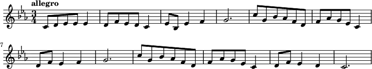 {
% 0
\tempo "allegro"
\numericTimeSignature \time 3/4 \key c \minor
c'8 d'8 ees'8 ees'8 ees'4 d'8 f'8 ees'8 d'8 c'4 ees'8 bes8 ees'4 f'4 g'2.
% 2
c''8 g'8 bes'8 aes'8 f'8 d'8 f'8 aes'8 g'8 ees'8 c'4 d'8 f'8 ees'4 f'4 g'2. c''8 g'8 bes'8 aes'8 f'8 d'8 f'8 aes'8 g'8 ees'8 c'4 d'8 f'8 ees'4 d'4 c'2.
\bar "|"
}