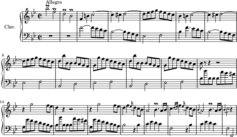 
\version "2.18.2"
\header {
  tagline = ##f
}

%% les petites notes
trillBesUp = { \tag #'print { bes'2\prall } \tag #'midi { c32 bes c bes~ bes8~ bes4 } }
trillBes = { \tag #'print { bes2\prall } \tag #'midi { c32 bes c bes~ bes8~ bes4 } }
trillF = { \tag #'print { f2\prall } \tag #'midi { g32 f g f~ f8~ f4 } }
trillD = { \tag #'print { d2\prall } \tag #'midi { ees32 d ees d~ d8~ d4 } }
trillBesqp = { \tag #'print { bes4.\prall } \tag #'midi { c32 bes c bes~ bes8~ bes8 } }
appoC = { \tag #'print { \appoggiatura bes4 c2 } \tag #'midi { bes4 c4 } }
fMuet = { \tag #'print { f4 } \tag #'midi { s4 } }

upper = \relative c'' {
  \clef treble 
  \key bes \major
  \time 2/2
  \tempo 2 = 90
  \set Staff.midiInstrument = #"harpsichord"

      s8*0^\markup{Allegro}
      \trillBesUp \trillF | \trillD \trillBes | \fMuet b4 c2~ | c4 cis d2~ | d8 ees f g f ees d c | bes4 b c2~ | c4 cis d2~ | d8 ees f g f ees d c |
      % ms. 9
      \repeat unfold 2 { d8 bes' bes, bes bes a g f | g g' f ees d c bes a } |
      % ms. 13
      bes8 r8 r4 r2 | r4 g'2 f8 ees | d4 r4 r2 | r4 g2 f8 ees |
      % ms. 17
      d4 f \appoggiatura ees16 d4 c8 bes | a2 \trillBesqp a16 bes | c4 \grace { d16( ees } f4) \appoggiatura ees16 d4 c8 bes | \appoggiatura bes4 a2 \trillBesqp a16 bes |
      % ms. 21
      \appoC r4 s4


}

lower = \relative c' {
  \clef bass
  \key bes \major
  \time 2/2
  \set Staff.midiInstrument = #"harpsichord"

    % **************************************
      R1*2 | f2~ f8 ees d c  | bes2~ bes8 a g f | ees2 f | bes4 f'4. ees8 d c | bes2~ bes8 a g f | ees2 f |
      \repeat unfold 2 { bes,2 d | ees f } |
      % ms. 13
      \repeat unfold 2 { bes8 bes' bes, bes bes a' g fis | g, g' f ees d c bes a } |
      % ms. 17
      bes2 \repeat unfold 2 { r4 bes4 | c4 ees d c | f,2 } f,2 | 

}

thePianoStaff = \new PianoStaff <<
    \set PianoStaff.instrumentName = #"Clav."
    \new Staff = "upper" \upper
    \new Staff = "lower" \lower
  >>

\score {
  \keepWithTag #'print \thePianoStaff
  \layout {
      #(layout-set-staff-size 17)
    \context {
      \Score
     \override SpacingSpanner.common-shortest-duration = #(ly:make-moment 1/2)
      \remove "Metronome_mark_engraver"
    }
  }
}

\score {
  \keepWithTag #'midi \thePianoStaff
  \midi { }
}
