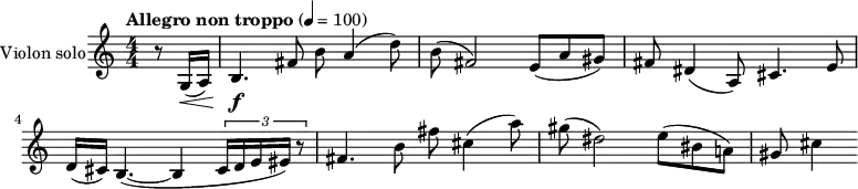 \header {
tagline = ##f
}
\score {
\relative c' {
\set Staff.instrumentName = "Violon solo"
\set Staff.midiInstrument = "Violin"
\numericTimeSignature
\partial 4
\tempo "Allegro non troppo" 4 = 100
r8 g16\<( a)
b4.\f fis'8 b a4( d8) b( fis2) e8( a gis)
fis dis4( a8) cis4. e8 d16( cis) b4.~( b4 \times 2/3 { cis16 d e eis) r8 }
fis4. b8 fis' cis4( a'8) gis( dis2) e8( bis a!)
gis cis4
}
\layout{}
\midi{}
}
