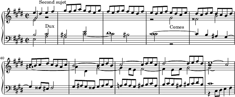 
\version "2.18.2"
\header {
  tagline = ##f
}
upper = \relative c'' {
  \clef treble 
  \key cis \minor
  \time 2/2
  \tempo 2 = 63
  \set Score.currentBarNumber = #35

    << { e4 dis^\markup{Second sujet} e fis gis8 fis gis a gis fis e gis fis e fis gis fis e dis fis } \\ { e,2 } \\ { gis2 g2\rest } >>
    << { e'8 dis e fis e dis cis e dis cis dis e dis cis b dis cis b cis dis cis b ais cis } \\ { r2 gis2_\markup{Comes} fisis b ais1~ } >>
    << { b2~ b8 cis dis b cis2~ cis8 dis e cis dis2~ dis8 e fis dis e1*1/2~ \hideNotes e4 } \\ { ais,4 dis, gis2~ gis4 fis8 e fis2~ fis4 e8 fis gis2~ gis2*1/3~ \hideNotes gis1*1/4 } \\ { s1*3 b2\rest cis2 }  >>
    

}

lower = \relative c' {
  \clef bass
  \key cis \minor
  \time 2/2

    << { b2 cis^\markup{Dux} bis2 e dis1 cis~ cis4 b ais gis~ gis fisis8 eis fisis2 } \\ { e2 a gis cis~ cis bis cis r2 } >>
    << { gis8 ais gis fisis gis ais b gis | a! b a gis  ais b cis ais | b cis b ais  bis cis dis bis } \\ {} >>
    << { cis1 } \\ { r4 cis,8 dis e4 fis } >>

}

\score {
  \new PianoStaff <<
    \new Staff = "upper" \upper
    \new Staff = "lower" \lower
  >>
  \layout {
    indent = #0
    \context {
      \Score
      \remove "Metronome_mark_engraver"
      \override SpacingSpanner.common-shortest-duration = #(ly:make-moment 1/2)
        }
  }
  \midi { }
}
