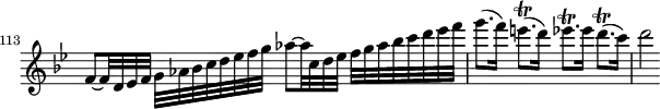 \version "2.18.2"
\header {
tagline = ##f
% composer = "Marco Uccellini"
% opus = "op. 5"
% meter = ""
}
\score {
<<
\relative c'' {
\key bes \major
\time 4/4
\omit Staff.TimeSignature
\override TupletBracket #'bracket-visibility = ##f
\set Score.currentBarNumber = #113
\bar ""
f,8~ f32 d ees f g aes bes c d ees f g aes8~ aes32 c, d ees f g aes bes c d ees f
g8.( f16) e8.\trill( d16) ees8.\trill ees16 d8.\trill( c16) | d2 % ees32 d16. f32 ees16. d8.\trill ees16 | c2 r16 c,16 d e f g a bes | c8.\trill bes16 a8. g16 aes8.\trill aes16 g8. f16 | g2
}
>>
\layout {
indent = #0
#(layout-set-staff-size 17)
\context { \Score \remove "Metronome_mark_engraver"
\override SpacingSpanner.common-shortest-duration = #(ly:make-moment 1/2)
}
}
\midi { \set Staff.midiInstrument = #"violin" }
}