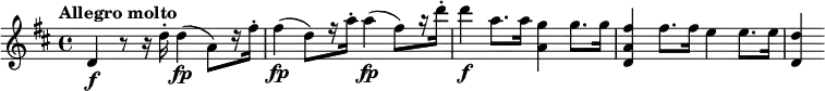 
\relative c' {
  \clef "treble" 
  \key d \major
  \tempo "Allegro molto"
  d\f r8 r16 d'16-. d4\fp (a8) [r16 fis'-.] fis4\fp (d8) [r16 a'-.] a4\fp (fis8) [r16 d'-.] d4\f a8. a16 <g a,>4 g8. g16 <fis a, d,>4 fis8. fis16 e4 e8. e16 <d d,>4
}
