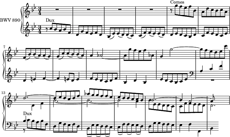\version "2.18.2"
\header {
tagline = ##f
}
Dux = { r8^\markup{Dux} c8 bes a bes f d g f ees f d bes( ees) ees( d) d( c) c( f) f( ees) ees( d) }
Comes = { r8^\markup{Comes} g8 f ees f bes, a d c bes c a f( bes) bes( a) a( g) g( c) c( bes) bes( a) }
upper = \relative c'' {
\clef treble
\key bes \major
\time 3/4
\tempo 4 = 120 % tempo de Keller
\set Staff.midiInstrument = #"harpsichord"
%% FUGUE CBT II-21, BWV 890, si-bémol majeur
R2.*4 \relative c''' { \Comes a4 aes2~ aes8 g' f ees f aes, g4 g'2~ g8 f ees d ees c' }
<< { d2.~ | d8 ees d c d f aes g g f f ees | ees d d c c bes | bes2.~ | bes4 a2~ | a8 } \\ { s2. bes2.~ bes~ bes2 a4 bes8 ees, ees d d c | c f f ees ees d | d2. } >>
}
lower = \relative c' {
\clef bass
\key bes \major
\time 3/4
\set Staff.midiInstrument = #"harpsichord"
\clef treble \relative c'' { \Dux d8 ees d c bes d c f ees d c ees d4 e f~ f e8 d e4 f8 ees d c d f | bes,4 d bes | ees8 d c bes c ees }
\clef bass
<< { a4 c f bes, \stemDown \change Staff = "upper" d f } \\ { R2. \relative c' { \Dux d8 g g f f ees | ees4 f f, bes } } >>
}
\score {
\new PianoStaff <<
\set PianoStaff.instrumentName = #"BWV 890"
\new Staff = "upper" \upper
\new Staff = "lower" \lower
>>
\layout {
\context {
\Score
\remove "Metronome_mark_engraver"
\override SpacingSpanner.common-shortest-duration = #(ly:make-moment 1/2)
}
}
\midi { }
}