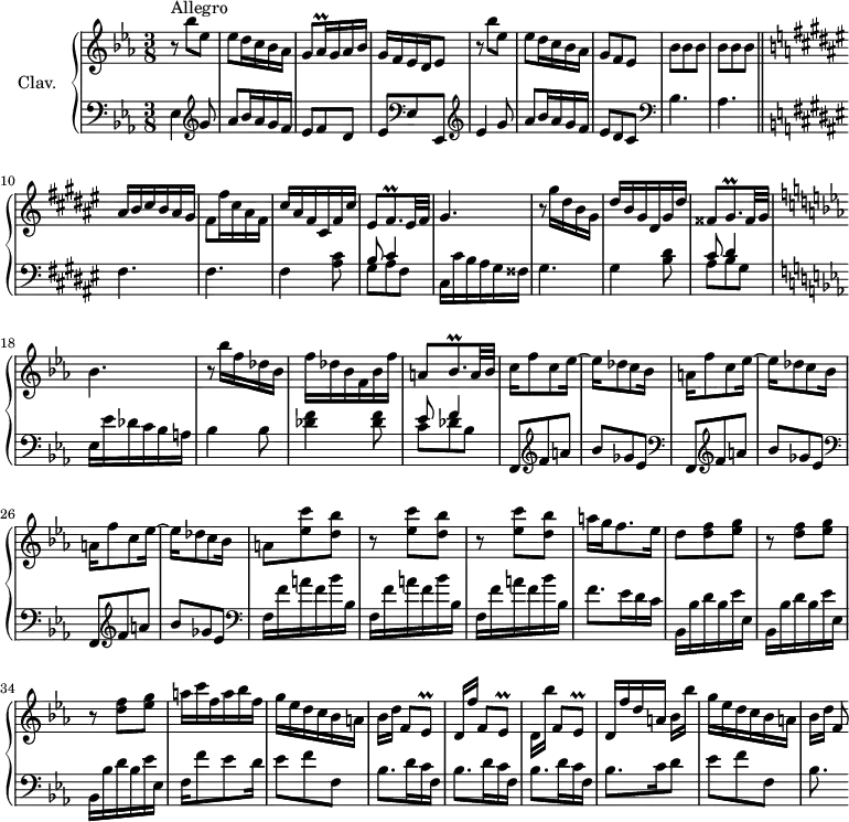 
\version "2.18.2"
\header {
  tagline = ##f
  % composer = "Domenico Scarlatti"
  % opus = "K. 371"
  % meter = "Allegro"
}

%% les petites notes
trillAesq      = { \tag #'print { aes16\prall } \tag #'midi { \times 2/3 { aes32 bes aes } } }
trillEesq      = { \tag #'print { ees8\prall } \tag #'midi { f32 ees f ees } }
trillBesqp     = { \tag #'print { bes8.\prall } \tag #'midi { c32 bes c bes~ bes16 } }

trillFisqp     = { \tag #'print { fis8.\prall } \tag #'midi { gis32 fis gis fis~ fis16 } }
trillGisqp     = { \tag #'print { gis8.\prall } \tag #'midi { ais32 gis ais gis~ gis16 } }

upper = \relative c'' {
  \clef treble 
  \key ees \major
  \time 3/8
  \tempo 4. = 60
  \set Staff.midiInstrument = #"harpsichord"
  \override TupletBracket.bracket-visibility = ##f

      s8*0^\markup{Allegro}
      r8 bes'8 ees, | ees d16 c bes aes | g8 \trillAesq g16 aes bes | g f ees d ees8 | r8 bes''8 ees, | ees d16 c bes aes |
      % ms. 7
      g8 f ees | \repeat unfold 2 { bes'8 bes bes }  \bar "||"  \key fis \major ais16 b cis b ais gis | fis8 fis'16 cis ais fis | cis' ais fis cis fis cis' | eis,8 \trillFisqp eis32 fis |
      % ms. 14
      gis4. | r8 gis'16 dis b gis | dis' b gis dis gis dis' | fisis,8 \trillGisqp fisis32 gis |    | \key ees \major 

      % ms. 18
      bes4. | r8 bes'16 f des bes |
      % ms. 20
      f'16 des bes f bes f' | a,8 \trillBesqp a32 bes | c16 f8 c ees16~ | ees16 des8 c bes16 | \repeat unfold 2 { a f'8 c ees16~ | ees des8 c bes16 } | 
      % ms. 28
      a8 < ees' c' > < d bes' > | \repeat unfold 2 { r8 < ees c' > < d bes' > } | a'16 g f8. ees16 | d8 < d f > < ees g > |
      % ms. 33
      \repeat unfold 2 { r8 < d f > < ees g > }  | a16 c f, a bes f | g ees d c bes a | bes16[ d] f,8 \trillEesq | d16[ f'] f,8 \trillEesq |  d16[ bes''] f,8 \trillEesq | 
      % ms. 40
      d16 f' d a bes[ bes'] | g ees d c bes a | bes[ d] f,8

}

lower = \relative c' {
  \clef bass
  \key ees \major
  \time 3/8
  \set Staff.midiInstrument = #"harpsichord"
  \override TupletBracket.bracket-visibility = ##f

    % ************************************** \appoggiatura a16  \repeat unfold 2 {  } \times 2/3 { }   \omit TupletNumber 
      ees,4   \clef treble  g'8 | aes bes16 aes g f | ees8 f d | ees   \clef bass ees, ees, | \clef treble  ees''4 g8 | aes bes16 aes g f |
      % ms. 7
      ees8 d c |  \clef bass bes4. aes | \key fis \major

      % ms. 10
      fis4. fis | fis4 < ais cis >8 | << { b8 cis4 } \\ { gis8 ais fis } >> |
      % ms. 14
      cis16 cis' b ais gis fisis | gis4. | gis4 < b dis >8 | << { cis8 dis4 } \\ { ais8 b gis } >> |   \key ees \major

      % ms. 18
      ees16 ees' des c bes a | bes4 bes8 |
      % ms. 20
      < des f >4 q8 | << { ees8 f4 } \\ { c8 des bes } >> | \repeat unfold 3 { f,8 \clef treble f'' a | bes ges ees | \clef bass }
      % ms. 28
      \repeat unfold 3 { f,16 f' a f bes bes, } | f'8. ees16 d c |    \clef bass \repeat unfold 3 { bes,16 bes' d bes ees ees, }
      % ms. 35
      f16 f'8 ees d16 | ees8 f f, | \repeat unfold 3 { bes8. d16 c f, } 
      % ms. 40
      bes8. c16 d8 | ees8 f f, | bes8.

}

thePianoStaff = \new PianoStaff <<
    \set PianoStaff.instrumentName = #"Clav."
    \new Staff = "upper" \upper
    \new Staff = "lower" \lower
  >>

\score {
  \keepWithTag #'print \thePianoStaff
  \layout {
      #(layout-set-staff-size 17)
    \context {
      \Score
     \override SpacingSpanner.common-shortest-duration = #(ly:make-moment 1/2)
      \remove "Metronome_mark_engraver"
    }
  }
}

\score {
  \keepWithTag #'midi \thePianoStaff
  \midi { }
}
