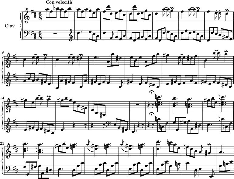 
\version "2.18.2"
\header {
  tagline = ##f
  % composer = "Domenico Scarlatti"
  % opus = "K. 278"
  % meter = "Con velocità"
}

%% les petites notes
trillG      = { \tag #'print { g4\prall } \tag #'midi { a32 g a g~ g8 } }
trillD      = { \tag #'print { d4\prall } \tag #'midi { e32 d e d~ d8 } }
trillDis    = { \tag #'print { dis4\prall } \tag #'midi { e32 dis e dis~ dis8 } }
trillA      = { \tag #'print { a4\prall } \tag #'midi { b32 a b a~ a8 } }
trillGis    = { \tag #'print { gis4\prall } \tag #'midi { a32 gis a gis~ gis8 } }

upper = \relative c'' {
  \clef treble 
  \key d \major
  \time 6/8
  \tempo 4. = 112

      s8*0^\markup{Con velocità}
      \repeat unfold 2 { a'8 fis bes } | a fis a g e a | fis d' d, e g cis, | d d' d, e g cis, | 
      % ms. 5
      d4 \repeat unfold 2 { a'8~ a \trillG | fis4 } \repeat unfold 2 { e8~ e \trillD |
      % ms. 9
       cis4 } e8~ e \trillDis | e4. a,8 a' dis, | e b e a, fis' a | gis4 e8~ e dis fis |
      % ms. 13
      b,4 b'8~ b \trillA | gis8 e b'~ b \trillA | gis8 b gis e b gis | e b gis s4. |
      % ms. 17
      R2. | r4^\markup { \translate #'(1.8 . 0.1) \musicglyph #"scripts.ufermata" } r8 
      % ms. 18
      \repeat unfold 2 { < c' e c' >4. | < b d b' > < a c a' > | gis'8 b e, } < f a >4. | 
      \repeat unfold 2 { \acciaccatura a8 < d, gis >4. < f a > }
      % ms. 25
      < d d' >4. c'8 a e | f d b a \trillGis | a4.

}

lower = \relative c' {
  \clef bass
  \key d \major
  \time 6/8

    % ************************************** \appoggiatura a16  \repeat unfold 2 {  } \times 2/3 { }   \omit TupletNumber 
      R2.   \clef treble | d'4. e8 cis a | d4 fis,8 g e a | fis d fis g e a |
      % ms. 5
      fis8 d d' e cis a | d fis d e cis a | d, d' cis b gis e | a cis a b gis e | 
      % ms. 9
      a, a' gis fis b, a' | gis e gis fis4 b,8 | gis'4 e8 fis dis b | e gis e fis a fis |
      % ms. 13
      gis8 e gis fis dis b | e gis e fis dis b | e4. r4 r8 | r4 r8  \clef bass e,8 b gis | 
      % ms. 17
      e4. r4 r8 | r4^\markup { \translate #'(1.8 . 0.1) \musicglyph #"scripts.ufermata" } r8 \repeat unfold 2 { c''8 c, fis |
      % ms. 21
       g g, gis' a a, dis | e4. } \repeat unfold 2 { d8 a' d | e, b' d } | d,8 a' d |
      % ms. 25
      e, b' e | a,4 c8 | d4 d,8 e4 e,8 | a'8 c e |

}

thePianoStaff = \new PianoStaff <<
    \set PianoStaff.instrumentName = #"Clav."
    \new Staff = "upper" \upper
    \new Staff = "lower" \lower
  >>

\score {
  \keepWithTag #'print \thePianoStaff
  \layout {
      #(layout-set-staff-size 17)
    \context {
      \Score
     \override TupletBracket.bracket-visibility = ##f
     \override SpacingSpanner.common-shortest-duration = #(ly:make-moment 1/2)
      \remove "Metronome_mark_engraver"
    }
  }
}

\score {
  \keepWithTag #'midi \thePianoStaff
  \midi { \set Staff.midiInstrument = #"harpsichord" }
}
