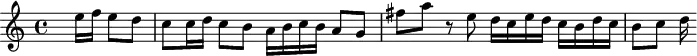 \version "2.18.2"
\header {
tagline = ##f
}
Trans = { e16 f e8 d c c16 d c8 b a16 b c b a8 g fis'8 a r8 e8 d16 c e d c b d c b8 c d16 }
\score {
\new Staff \with {
}
<<
\relative c'' {
\clef treble
\key a \minor
\time 4/4
%% SUJET fugue CBT I-20, BWV 865, la mineur
\partial 2
s8 \Trans
}
>>
\layout {
\context { \Score \remove "Metronome_mark_engraver"
%\override SpacingSpanner.common-shortest-duration = #(ly:make-moment 1/2)
}
}
\midi {}
}