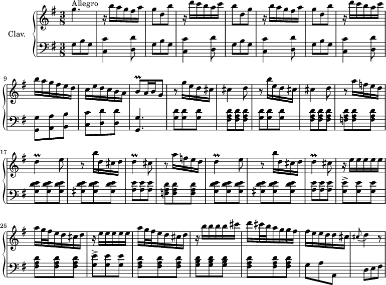 \version "2.18.2"
\header {
tagline = ##f
% composer = "Domenico Scarlatti"
% opus = "K. 152"
% meter = "Allegro"
}
%% les petites notes
trillD = { \tag #'print { d4\prall } \tag #'midi { e32 d e d~ d8 } }
trillBq = { \tag #'print { b8\prall } \tag #'midi { b32 c b c } }
upper = \relative c'' {
\clef treble
\key g \major
\time 3/8
\tempo 4. = 72
\set Staff.midiInstrument = #"harpsichord"
\override TupletBracket.bracket-visibility = ##f
s8*0^\markup{Allegro}
g'4. | r16 b16 a g fis a | g8 d b' | r16 d16 c b a c | b8 d, g |
% ms. 6
r16 b16 a g fis a | g8 d b' | r16 d16 c b a c | b a g fis e d | c e d c b a |
% ms. 11
\trillBq a16 b \tempo 4. = 30 g8 \tempo 4. = 72 | r8 g'16 e d cis | cis4 d8 | r8 b'16 e, d cis | cis4 d8 |
% ms. 16
\repeat unfold 2 { r8 a'16 f e d | \trillD e8 | r8 b'16 d, cis d | \trillD cis8 }
% ms. 24
\repeat unfold 2 { r16 e16 e e e e | a g32 fis e16 d cis d } |
% ms. 28
r16 b'16 b b b cis | d cis32 b a16 g g fis | fis e e d d cis |
% ms. 31
\appoggiatura cis8 d4 r8
}
lower = \relative c' {
\clef bass
\key g \major
\time 3/8
\set Staff.midiInstrument = #"harpsichord"
\override TupletBracket.bracket-visibility = ##f
% ************************************** \appoggiatura a16 \repeat unfold 2 { } \times 2/3 { } \omit TupletNumber
\repeat unfold 4 { g8 b g | < c, c' >4 < d d' >8 }
% ms. 9
< g, g' >8 < a a' > < b b' > | < c c' > < d d'> q |
% ms. 11
< g, g' >4. | \repeat unfold 2 { < g' d' >8 q q | < fis a d > q q } |
% ms. 16
< f a d >8 q q | < g d' e > q q | < gis d' e > q q | < a e' > q q | < f a d > q q |
% ms. 21
< g d' e > q q | < gis d' e > q q | < a e' > q q |
% ms. 24
\repeat unfold 2 { < g e' >-> q q | < fis a d > q q } |
% ms. 28
< g b d > q q | < fis a d > q q | g8 a a, |
% ms. 31
d8 e fis |
}
thePianoStaff = \new PianoStaff <<
\set PianoStaff.instrumentName = #"Clav."
\new Staff = "upper" \upper
\new Staff = "lower" \lower
>>
\score {
\keepWithTag #'print \thePianoStaff
\layout {
#(layout-set-staff-size 17)
\context {
\Score
\override SpacingSpanner.common-shortest-duration = #(ly:make-moment 1/2)
\remove "Metronome_mark_engraver"
}
}
}
\score {
\keepWithTag #'midi \thePianoStaff
\midi { }
}