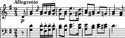 \version "2.18.2"
<<
\new Staff \relative c' {
\clef "treble"
\tempo "Allegretto"
\key g \major
\time 2/4
\partial 8 d8 \p
<g b>4 \grace c16 <g b>16 a <g b> <g c> <g d'>8 <g b> <g e'>8. <gis d'>16 <a c>8 <gis b> a g! <g b>4 ^(<fis a>8)
}
\new Staff \relative c {
\clef "bass"
\key g \major
\time 2/4
\tempo 4 = 90
\partial 8 r8 <g' d'>4 <g d'-.>16 <fis d'-.> <g d'-.> <a d-.> <b d>8 <g d'>
<c e>8. <b e>16 <a e'>8 <b d> <c e> <cis e> d4.
}
>>