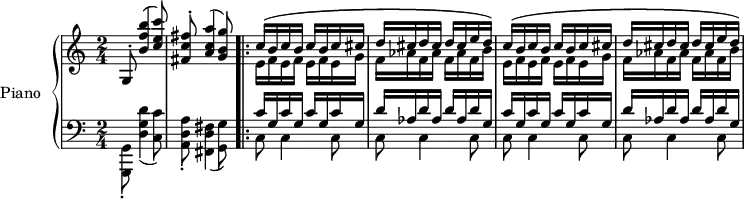 \version "2.18.2"
\header {
  tagline=##f
}
%%%%%%%%%% KEYS %%%%%%%%%%%%%
global={
           \time 2/4  
           \tempo 4=104 
         }
Key={ \key c \major }
rhUpper=\relative c'' {
  \voiceOne
  \Key
  g,8-. < b' f' b >4( < c e c' >8)|< fis, c' fis >8-. < a c a' >4( < g b g' >8)
   \repeat unfold 2 { \repeat unfold 3 { s4*0\( c16 b } c cis \repeat unfold 3 { d16 cis } e d\) } 
}
rhLower=\relative c' {
  \voiceTwo
  \Key
  s1 \repeat unfold 2 { \repeat unfold 3 { e16 f } e g \repeat unfold 3 { f16 aes } f b }
}
lhUpper=\relative c' {
  \voiceOne
  \Key
  s1 \repeat unfold 2 { \repeat unfold 4 { c16 g } \repeat unfold 3 { d'16 aes } d g, }
}
lhLower=\relative c {
  \voiceTwo
  \Key
  < g g, >8-. < d' g d' >4( < c c' >8) < a d a' >8-. < fis d' fis >4( < g g' >8) \bar ".|:"
  \repeat unfold 4 { c8 c4 c8 }
}
PianoRH={
  \clef treble
  \global
  \set Staff.midiInstrument=#"acoustic grand"
  <<
    \new Voice="one" \rhUpper
    \new Voice="two" \rhLower
  >>
}
PianoLH={
  \clef bass
  \global
  \set Staff.midiInstrument=#"acoustic grand"
  <<
    \new Voice="one" \lhUpper
    \new Voice="two" \lhLower
  >>
}
piano={
  <<
    \set PianoStaff.instrumentName=#"Piano"
    \new Staff="upper" \PianoRH
    \new Staff="lower" \PianoLH
  >>
}
\score {
  \new PianoStaff <<
    \set PianoStaff.instrumentName=#"Piano"
    \new PianoStaff="piano" \piano
  >>
  \layout {
    \context {
      \Score
      \remove "Metronome_mark_engraver"
      \override SpacingSpanner.common-shortest-duration=#(ly:make-moment 1/2)
    }
  }
  \midi { }
}