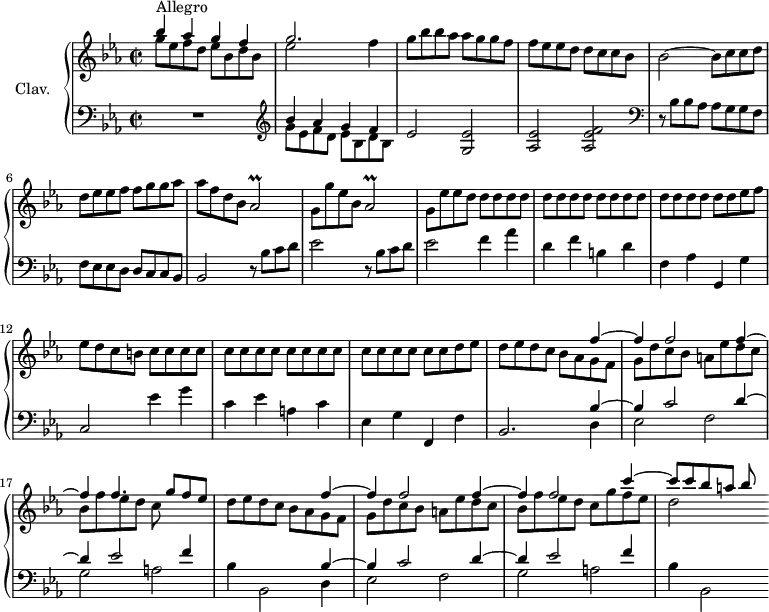\version "2.18.2"
\header {
  tagline = ##f
  % composer = "Domenico Scarlatti"
  % opus = "K. 370"
  % meter = "Allegro"
}
%% les petites notes
trillAesb      = { \tag #'print { aes2\prall } \tag #'midi { bes32 aes bes aes~ aes8~ aes4 } }
upper = \relative c'' {
  \clef treble 
  \key ees \major
  \time 2/2
  \tempo 2 = 80
  \set Staff.midiInstrument = #"harpsichord"
  \override TupletBracket.bracket-visibility = ##f
      s8*0^\markup{Allegro}
      << { bes'4 aes g f | g2. } \\ { g8 ees f d  ees bes d bes | ees2 } >> f4 | g8 bes bes aes aes g g f |
      % ms. 4
      f8 ees ees d d c c bes | bes2~ bes8 c c d | d ees ees f f g g  aes | aes f d bes \trillAesb |
      % ms. 8
      g8 g' ees bes \trillAesb | g8 ees' ees \repeat unfold 19 { d8 } ees f |
      % ms. 12
      ees8 d c b \repeat unfold 18 { c8 } d ees | d ees d c << { s4 f4~ | f4 f2 f4~ | f f4. g8 f ees } \\ { bes8 aes g f | g d' c bes a ees' d c | bes f' ees d c } >>
      % ms. 18
      d8 ees d c << { s4 f4~ | f4 f2 f4~ | f f2 c'4~ | c8 c bes a bes } \\ { bes,8 aes g f | g d' c bes a ees' d c | bes f' ees d c g' f ees | d2 } >>
      % ms. 20
      
}
lower = \relative c' {
  \clef bass
  \key ees \major
  \time 2/2
  \set Staff.midiInstrument = #"harpsichord"
  \override TupletBracket.bracket-visibility = ##f
    % ************************************** \appoggiatura a16  \repeat unfold 2 {  } \times 2/3 { }   \omit TupletNumber 
      R1 |   \clef treble  << { bes'4 aes g f } \\ { g8 ees f d ees bes d bes } >> ees2 < g, ees' >2 |
      % ms. 4
      < aes ees' >2 < aes ees' f >   \clef bass r8 bes8 bes aes aes g g  f | f ees ees d d c c bes | bes2 \repeat unfold 2 { r8 bes'8 c d |
      % ms. 9
      ees2 } f4 aes | d, f b, d | f, aes g, g' |
      % ms. 12
      c,2 ees'4 g | c, ees a, c | ees, g f, f' | bes,2. 
      % ms. 15 fin
      \repeat unfold 2 { << { bes'4~ | bes c2 d4~ | d ees2 f4 } \\ { d,4 | ees2 f | g a | bes4 bes,2 } >> }
      % ms. 20
      
}
thePianoStaff = \new PianoStaff <<
    \set PianoStaff.instrumentName = #"Clav."
    \new Staff = "upper" \upper
    \new Staff = "lower" \lower
  >>
\score {
  \keepWithTag #'print \thePianoStaff
  \layout {
      #(layout-set-staff-size 17)
    \context {
      \Score
     \override SpacingSpanner.common-shortest-duration = #(ly:make-moment 1/2)
      \remove "Metronome_mark_engraver"
    }
  }
}
\score {
  \keepWithTag #'midi \thePianoStaff
  \midi { }
}