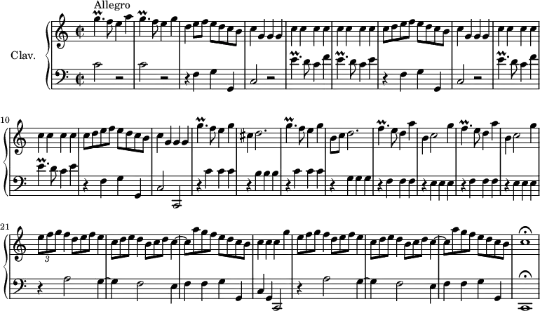 \version "2.18.2"
\header {
tagline = ##f
% composer = "Domenico Scarlatti"
% opus = "K. 329"
% meter = "Allegro"
}
%% les petites notes
trillGp = { \tag #'print { g4.\prall } \tag #'midi { a32 g a g~ g4 } }
trillGpUp = { \tag #'print { g'4.\prall } \tag #'midi { a32 g a g~ g4 } }
trillEp = { \tag #'print { e4.\prall } \tag #'midi { f32 e f e~ e4 } }
trillEpUp = { \tag #'print { e'4.\prall } \tag #'midi { f32 e f e~ e4 } }
trillFp = { \tag #'print { f4.\prall } \tag #'midi { g32 f g f~ f4 } }
upper = \relative c'' {
\clef treble
\key c \major
\time 2/2
\tempo 2 = 92
\set Staff.midiInstrument = #"harpsichord"
\override TupletBracket.bracket-visibility = ##f
s8*0^\markup{Allegro}
\trillGpUp f8 e4 a | \trillGp f8 e4 g | d4 e8 f e d c b | \repeat unfold 2 { c4 g g g | \repeat unfold 8 { c } |
% ms. 7
c8 d e f e d c b } | c4 g g g | \trillGpUp f8 e4 g | cis,4 d2. | \trillGp f8 e4 g |
% ms. 16
b,8 c d2. | \repeat unfold 2 { \trillFp e8 d4 a' | b, c2 g'4 } |
% ms. 21
\times 2/3 { e8 f g } f4 \omit TupletNumber \times 2/3 { d8 e f } e4 | \times 2/3 { c8 d e } d4 \times 2/3 { b8 c d } c4~ | c8 a' g f e d c b | c4 c \tempo 2 = 80 c \tempo 2 = 92 g'
% ms. 25
\times 2/3 { e8 f g } f4 \omit TupletNumber \times 2/3 { d8 e f } e4 | \times 2/3 { c8 d e } d4 \times 2/3 { b8 c d } c4~ | c8 a' g f e d c \tempo 2 = 80 b | c1\fermata
}
lower = \relative c' {
\clef bass
\key c \major
\time 2/2
\set Staff.midiInstrument = #"harpsichord"
\override TupletBracket.bracket-visibility = ##f
% ************************************** \appoggiatura a16 \repeat unfold 2 { } \times 2/3 { } \omit TupletNumber
c2 r2 | c2 r2 | \repeat unfold 2 { r4 f,4 g g, | c2 r2 | \trillEpUp d8 c4 f |
% ms. 3
\trillEp d8 c4 e } |
% ms. 11
r4 f,4 g g, | c2 c, | r4 \repeat unfold 3 { c''4 } | r4 \repeat unfold 3 { b4 } | r4 \repeat unfold 3 { c4 } |
% ms. 16
r4 \repeat unfold 3 { g4 } | \repeat unfold 2 { r4 \repeat unfold 3 { f4 } | r4 \repeat unfold 3 { e4 } } |
% ms. 21
r4 a2 g4~ | g f2 e4 | f f g g, | c g c,2 |
% ms. 25
r4 a''2 g4~ | g f2 e4 | f f g g, | c,1\fermata
}
thePianoStaff = \new PianoStaff <<
\set PianoStaff.instrumentName = #"Clav."
\new Staff = "upper" \upper
\new Staff = "lower" \lower
>>
\score {
\keepWithTag #'print \thePianoStaff
\layout {
#(layout-set-staff-size 17)
\context {
\Score
\override SpacingSpanner.common-shortest-duration = #(ly:make-moment 1/2)
\remove "Metronome_mark_engraver"
}
}
}
\score {
\keepWithTag #'midi \thePianoStaff
\midi { }
}