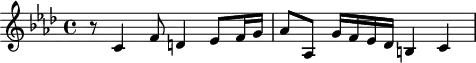 \header {
tagline = ##f
}
\score {
\new Staff \with {
}
<<
\relative c' {
\clef treble
\key aes \major
\time 4/4
\tempo 4 = 70
\override TupletBracket #'bracket-visibility = ##f
%\autoBeamOff
\set Staff.midiInstrument = #"string ensemble 1"
%%%%%%%%%%%%%%%%%%%%%%%%%% AB 9-3 th2
r8 c4 f8 d!4 ees8 f16 g aes8 aes, g'16 f ees des b!4 c
}
>>
\layout {
\context { \Score \remove "Metronome_mark_engraver"
}
}
\midi {}
}