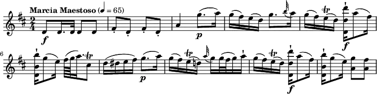 \relative c'' {
\version "2.18.2"
\key d \major
\tempo "Marcia Maestoso" 4 = 65
\time 2/4
d,8 \f d16. d32 d8 d
fis-. d-. fis-. d-.
a'4 g'8. \p (a16)
g (fis) e (d) g8. \grace b32 (a16)
g16 (fis) e\trill (d) <d,-! d' d'>16\f a''8 (fis16)
< d,-! b' b'>16 g'8 (e16) fis64 (g a16.) cis,8\trill
d16 (dis e fis) g8. \p (a16)
g16 (fis) e\trill (d!) \grace a'32 (g16) g32 (fis g16) a-!
g16 (fis) e\trill (d) <d,-! d' d'>16\f a''8 (fis16)
< d,-! b' b'>16 g'8 (e16) <a, g'>8 <a fis'>
}