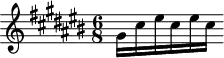 \version "2.18.2"
\header {
tagline = ##f
}
\score {
\new Staff \with {
}
<<
\relative c'' {
\clef treble
\key cis \major
\time 6/8
%% Prélude original
gis16 cis eis cis eis cis
}
>>
\layout {
\context { \Score \remove "Metronome_mark_engraver"
}
}
\midi {}
}
