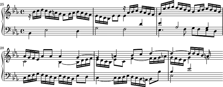 \version "2.18.2"
\header {
tagline = ##f
}
upper = \relative c'' {
\clef treble
\key ees \major
\time 4/4
\tempo 4 = 60
\set Score.currentBarNumber = #25
\set Staff.midiInstrument = #"harpsichord"
%\context Score \applyContext #(set-bar-number-visibility 4)
\bar ""
%% PRÉLUDE CBT I-7, BWV 852, mi-bémol majeur
<< { s1 s2 r16 aes16 bes c bes aes g f g ees' f g f ees d c bes8 c16 d ees d c bes | aes g f ees aes8 aes aes4 g~ g a bes8 c d4~ d~ d16 d c bes a } \\ { r16 bes16 c d c bes a g f8 g16 a bes a g f | ees d c bes ees8 ees ees4 s4 s1 c2 bes4~ bes16 d ees f ees d c bes ees8 c f4~ f16 f g aes g f ees d g4 f2*1/4 } >>
}
lower = \relative c' {
\clef bass
\key ees \major
\time 4/4
\set Staff.midiInstrument = #"harpsichord"
<< { s1 s2. d4 ees aes,2 g4 s2 s2 s1 bes4 ees2 } \\ { bes,4 ees2 d4 g2 f ees4. f8 g f ees d c16 ees f g f ees d c ees d c bes ees8 d c4~ c16 c d ees d c bes a bes8 bes' ees,2 } >>
}
\score {
\new PianoStaff <<
\set PianoStaff.instrumentName = #""
\new Staff = "upper" \upper
\new Staff = "lower" \lower
>>
\layout {
indent = #0
% short-indent = #-10
\context {
\Score
\remove "Metronome_mark_engraver"
}
}
\midi { }
}