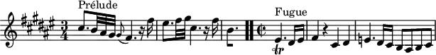 
\version "2.18.2"
\header {
  tagline = ##f
}

\score {

<<
  \relative c'' {
    \key fis \major
    \time 3/4
    \override TupletBracket.bracket-visibility = ##f

     %% INCIPIT CBT II-13, BWV 882, fa-dièse majeur
     s1*0^\markup{Prélude} cis8.*5/6 b32 ais gis \grace gis8( fis4.) r16 fis'16 eis8. fis32 gis cis,4. r16 fis16 \once \override Staff.TimeSignature #'stencil = ##f \time 3/8
{ 
 % suppression des warnings :
 #(ly:set-option 'warning-as-error #f)
 #(ly:expect-warning (_ "stem does not fit in beam")) %% <= à traduire éventuellement
 #(ly:expect-warning (_ "beam was started here")) %% <= à traduire éventuellement
  \set stemRightBeamCount = #1
  b,4.*1/2[ s]
} \bar ".."
     
     \time 2/2 \partial 2
     s1*0^\markup{Fugue} eis,4._\trill dis16 eis fis4  r4 cis dis e4. dis16 cis b8 ais b cis

  }
>>
  \layout {
     \context { \Score \remove "Metronome_mark_engraver"
     \override SpacingSpanner.common-shortest-duration = #(ly:make-moment 1/3)
        }
  }
  \midi {}
}
