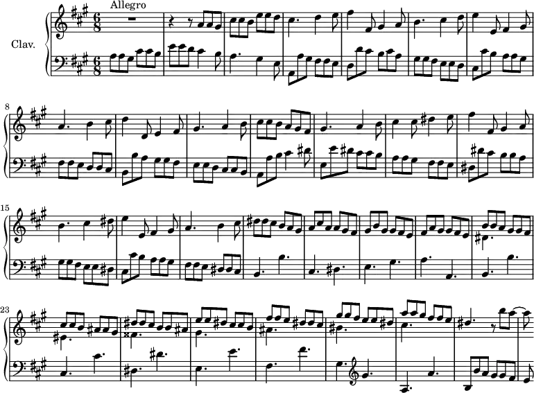 \version "2.18.2"
\header {
tagline = ##f
% composer = "Domenico Scarlatti"
% opus = "K. 405"
% meter = "Allegro"
}
%% les petites notes
trillBesp = { \tag #'print { bes4.\prall } \tag #'midi { c32 bes c bes~ bes4 } }
upper = \relative c'' {
\clef treble
\key a \major
\time 6/8
\tempo 4. = 98
\set Staff.midiInstrument = #"harpsichord"
\override TupletBracket.bracket-visibility = ##f
s8*0^\markup{Allegro}
R2. r4 r8 a8 a gis | cis cis b e e d | cis4. d4 e8 |
% ms. 5
fis4 fis,8 gis4 a8 | b4. cis4 d8 | e4 e,8 fis4 gis8 | a4. b4 cis8 | d4 d,8 e4 fis8 |
% ms. 10
gis4. a4 b8 | cis8 cis b a gis fis | gis4. a4 b8 | cis4 cis8 dis4 e8 | fis4 fis,8 gis4 a8 |
% ms. 15
b4. cis4 dis8 | e4 e,8 fis4 gis8 | a4. b4 cis8 | dis8 dis cis b a gis | a cis a a gis fis |
% ms. 20
gis8 b gis gis fis e | fis a gis gis fis e |
<< { b'8 b a gis gis fis | cis' cis b ais ais gis | dis' dis cis b b ais }
\\ { dis,4. s4. eis s4. fisis } >>
% ms. 25
<< { e'8 e dis cis cis b | fis' fis e dis dis cis | gis' gis fis e e dis | a' a gis fis fis e | dis4. } |
\\ { gis,4. s4. ais s4. bis s4. cis } >> | r8 b'8 a~
% ms. 30
a8
}
lower = \relative c' {
\clef bass
\key a \major
\time 6/8
\set Staff.midiInstrument = #"harpsichord"
\override TupletBracket.bracket-visibility = ##f
% ************************************** \appoggiatura \repeat unfold 2 { } \times 2/3 { }
a8 a gis cis cis b | e e d cis4 b8 | a4. gis4 e8 | a, a' gis fis fis e |
% ms. 5
d8 d' cis b cis a | gis gis fis e e d | cis cis' b a a gis | fis fis e d d cis | b b' a gis gis fis |
% ms. 10
e8 e d cis cis b | a a' b cis4 dis8 | e, e' dis cis cis b | a a gis fis fis e | dis dis' cis b b a |
% ms. 15
gis8 gis fis e e dis | cis cis' b a a gis | fis fis e dis dis cis | b4. b' | cis, dis |
% ms. 20
e4. gis | a a, | b b' | cis, cis' | dis, dis'
% ms. 25
e,4. e' | fis, fis' | gis, \clef treble gis'4. a, a' | b,8 b' a gis gis fis |
% ms. 30
e8
}
thePianoStaff = \new PianoStaff <<
\set PianoStaff.instrumentName = #"Clav."
\new Staff = "upper" \upper
\new Staff = "lower" \lower
>>
\score {
\keepWithTag #'print \thePianoStaff
\layout {
#(layout-set-staff-size 17)
\context {
\Score
\override SpacingSpanner.common-shortest-duration = #(ly:make-moment 1/2)
\remove "Metronome_mark_engraver"
}
}
}
\score {
\keepWithTag #'midi \thePianoStaff
\midi { }
}
