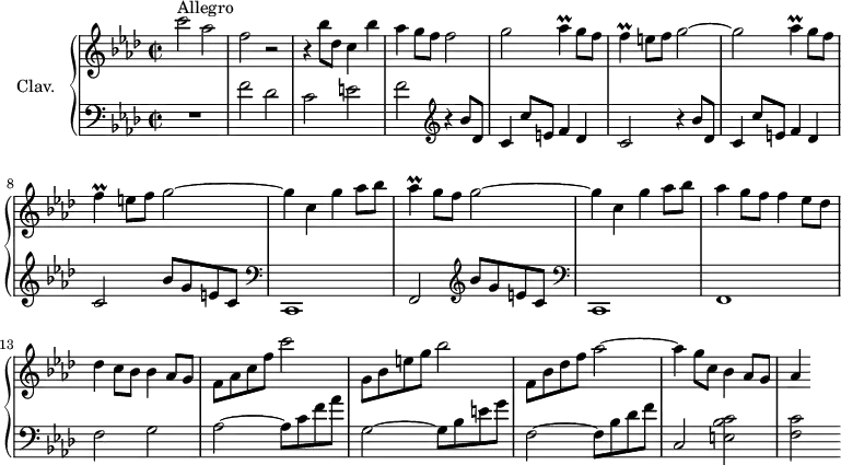 
\version "2.18.2"
\header {
  tagline = ##f
  % composer = "Domenico Scarlatti"
  % opus = "K. 364"
  % meter = "Allegro"
}

%% les petites notes
trillAes     = { \tag #'print { aes4\prall } \tag #'midi { bes32 aes bes aes~ aes8 } }
trillF       = { \tag #'print { f4\prall } \tag #'midi { g32 f g f~ f8 } }

upper = \relative c'' {
  \clef treble 
  \key f \minor
  \time 2/2
  \tempo 2 = 84
  \set Staff.midiInstrument = #"harpsichord"
  \override TupletBracket.bracket-visibility = ##f

      s8*0^\markup{Allegro}
      c'2 aes | f r2 | r4 bes8 des, c4 bes'4 | aes g8 f f2 |
      % ms. 5
      \repeat unfold 2 { g2 \trillAes g8 f | \trillF e8 f g2~ } |
      % ms. 9
      g4 c, g' aes8 bes | \trillAes g8 f g2~ | g4 c, g' aes8 bes | aes4 g8 f f4 ees8 des |
      % ms. 13
      des4 c8 bes bes4 aes8 g | f aes c f c'2 | g,8 bes e g bes2 | f,8 bes des f aes2~ |
      % ms. 17
      aes4 g8 c, bes4 aes8 g | aes4
      % ms. 21
      
      % ms. 25
      

}

lower = \relative c' {
  \clef bass
  \key f \minor
  \time 2/2
  \set Staff.midiInstrument = #"harpsichord"
  \override TupletBracket.bracket-visibility = ##f

    % ************************************** \appoggiatura a16  \repeat unfold 2 {  } \times 2/3 { }   \omit TupletNumber 
      R1 | f2 des | c e | f  \repeat unfold 2 { \clef treble r4 bes8 des, |
      % ms. 5
      c4 c'8 e, f4 des | c2 } bes'8 g e c |   \clef bass
      % ms. 9
      c,,1 | f2  \clef treble  bes''8 g e c |   \clef bass c,,1 | f
      % ms. 13
      f'2 g | aes2~ aes8 c f aes | g,2~ g8 bes e g | f,2~ f8 bes des f |
      % ms. 17
      c,2 < e bes' c >2 | < f c' >
      % ms. 21
      
      % ms. 25
      

}

thePianoStaff = \new PianoStaff <<
    \set PianoStaff.instrumentName = #"Clav."
    \new Staff = "upper" \upper
    \new Staff = "lower" \lower
  >>

\score {
  \keepWithTag #'print \thePianoStaff
  \layout {
      #(layout-set-staff-size 17)
    \context {
      \Score
     \override SpacingSpanner.common-shortest-duration = #(ly:make-moment 1/2)
      \remove "Metronome_mark_engraver"
    }
  }
}

\score {
  \keepWithTag #'midi \thePianoStaff
  \midi { }
}
