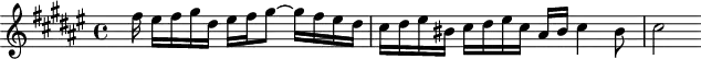 \version "2.18.2"
\header {
tagline = ##f
}
\score {
\new Staff \with {
}
<<
\relative c'' {
\clef treble
\key fis \major
\time 4/4
%% Fugue CBT I-13, BWV 858, fa dièse majeur — contre-sujet
\partial 2..
s16 fis16 eis fis gis dis eis fis gis8~ gis16 fis eis dis cis dis eis bis cis dis eis cis ais bis cis4 bis8 cis2
}
>>
\layout {
\context { \Score \remove "Metronome_mark_engraver" }
}
\midi {}
}