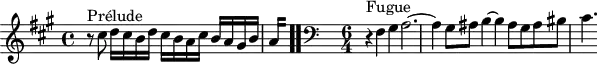 
\version "2.18.2"
\header {
  tagline = ##f
}

\score {
  \new Staff \with {
%fontSize = #-2
  }
<<
  \relative c'' {
    \key fis \minor
    \time 4/4

     %% INCIPIT CBT I-14, BWV 859, fa-dièse mineur
     r8^\markup{Prélude} cis8 d16 cis b d cis b a cis b a gis b | \once \override Staff.TimeSignature #'stencil = ##f \time 1/8
{ 
 % suppression des warnings :
 #(ly:set-option 'warning-as-error #f)
 #(ly:expect-warning (_ "stem does not fit in beam")) %% <= à traduire éventuellement
 #(ly:expect-warning (_ "beam was started here")) %% <= à traduire éventuellement
  \set stemRightBeamCount = #2
  a4*1/4[ s]
} \bar ".."

     \skip 16*1
     \override Staff.Clef.extra-offset = #'( -1 . 0 )
     \time 6/4 
     \clef bass
      r4^\markup{Fugue} fis,4 gis a2.~ a4 gis8 ais b4~ b4 ais8 gis ais bis cis4.
  }
>>
  \layout {
     \context { \Score \remove "Metronome_mark_engraver" 
     \override SpacingSpanner.common-shortest-duration = #(ly:make-moment 1/2) 
}
  }
  \midi {}
}
