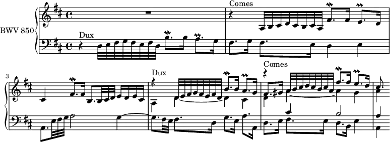 \version "2.18.2"
\header {
tagline = ##f
}
Mordbhp = { \tag #'print { b'8.\mordent } \tag #'midi { b32 a b8 } }
Prallahp = { \tag #'print { a8.\prall } \tag #'midi { \times 2/3 { b32 a b } a8 } }
Prallehp = { \tag #'print { e8.\prall } \tag #'midi { \times 2/3 { fis32 e fis } e8 } }
Mordfishpup = { \tag #'print { fis'8.\mordent } \tag #'midi { fis32 e fis8 } }
Mordfishp = { \tag #'print { fis8.\mordent } \tag #'midi { fis32 e fis8 } }
Dux = { r4^\markup{Dux} d32 e fis g fis e fis d \Mordbhp b16 \Prallahp g16 }
Comes = { r4^\markup{Comes} a32 b cis d cis b cis a \Mordfishpup fis16 \Prallehp d16 }
upper = \relative c'' {
\clef treble
\key d \major
\time 4/4
\tempo 4 = 66
\set Staff.midiInstrument = #"harpsichord"
%% FUGUE CBT I-5, BWV 850, ré majeur
R1 \relative c' \Comes cis,4 \Mordfishp fis16 b,8.*5/6 b32 cis d e16 d e cis
<< { s1 \relative c'' \Comes cis'8. } \\ { a,4 d~ d cis d a'~ a gis a } \\ { \relative c' \Dux fis8. gis16 } >>
}
lower = \relative c {
\clef bass
\key d \major
\time 4/4
\set Staff.midiInstrument = #"harpsichord"
\Dux fis8. g16 fis8. e16 d4 e | a,8.*5/6 e'32 fis g a2 g4~ g8. fis32 e fis8. d16 g8. e16 a8. a,16
<< { s4 cis'4 b2 a4 } \\ { d,8. e16 fis8. e16 d8. b16 e4 a, } >>
}
thePianoStaff = \new PianoStaff <<
\set PianoStaff.instrumentName = #"BWV 850"
\new Staff = "upper" \upper
\new Staff = "lower" \lower
>>
\score {
\keepWithTag #'print \thePianoStaff
\layout {
\context {
\Score
\remove "Metronome_mark_engraver"
}
}
}
\score {
\keepWithTag #'midi \thePianoStaff
\midi { }
}