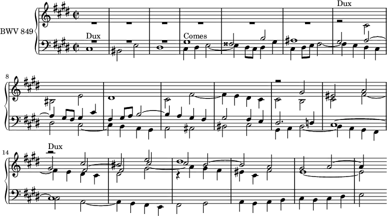 
\version "2.18.2"
\header {
  tagline = ##f
}

DuxNotes      = { cis1 bis2 e dis1 } % cis4 dis e2~ e4
DuxNotesB     = { cis2 bis2 e dis1 }
Dux           = { s4*0^\markup{Dux} \DuxNotes }
DuxB          = { s4*0^\markup{Dux} r2 \DuxNotesB }
Comes         = { \transpose cis gis \relative { s4*0^\markup{Comes} \DuxNotes } }
ComesB        = { \transpose cis gis \relative { r2^\markup{Comes} \DuxNotesB } }

upper = \relative c'' 
{
  \clef treble 
  \key cis \minor
  \time 2/2
  \tempo 2 = 63
  \set Staff.midiInstrument = #"harpsichord" 

   %% FUGUE CBT I-4, BWV 849, ut-dièse mineur
   << { s1*13 \relative c'' { \DuxB } } \\ { R1*6 \relative c' { \DuxB cis2 fis~ fis4 e dis cis cis2 b cis fis~ fis4 e dis cis | dis2 gis | r4 a4 gis fis eis cis fis2 | e1~ e2 } } \\ { s1*11 r2 gis2 eis a gis fis2~ fis cis'_~ cis b~ b a gis a~ a4 } >>
   

}

lower = \relative c
 {
  \clef bass 
  \key cis \minor
  \time 2/2
  \set Staff.midiInstrument = #"harpsichord" 
    
      << { R1*3 \Comes gis'2 a~ a4 gis8 fis gis4 cis | fis, gis8 a b2~ b4 a gis fis gis2 fis4 e dis2. d4 cis1~ cis } \\ { \relative c { \Dux cis4 dis e2~ e4 dis8 cis dis4 gis cis, dis8 e fis2~ fis4 e dis cis | dis2 cis~ cis4 b a gis a2 ais bis cis | gis4 a b2~ | b4 a gis fis | cis'2 a~ | a4 gis fis e fis2 gis | a4 gis a b | cis b cis dis e2 } } >>
  
} 

\score {
  \new PianoStaff <<
    \set PianoStaff.instrumentName = #"BWV 849"
    \new Staff = "upper" \upper
    \new Staff = "lower" \lower
  >>
  \layout {
    \context {
      \Score
      \remove "Metronome_mark_engraver"
      %\override SpacingSpanner.common-shortest-duration = #(ly:make-moment 1/2)
    }
  }
  \midi { }
}
