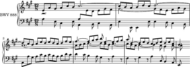 \version "2.18.2"
\header {
tagline = ##f
}
upper = \relative c' {
\clef treble
\key a \major
\time 12/8
\tempo 4. = 72
\set Staff.midiInstrument = #"harpsichord"
%% PRÉLUDE CBT II-19, BWV 888, la majeur
<< { e8 a gis a cis b cis2.~ | cis8 b a b d cis d2.~ d8 cis b cis e d e d cis d fis e fis4.~ fis8 gis a b e,4~ e8 fis gis a d,4~ d8 e d cis d e d e cis | b4. } \\ { r2. \stemUp \change Staff = "lower" a,8 \stemDown \change Staff = "upper" e' d e gis fis gis2.~ gis8 fis e fis a gis a1.~ a8 b cis d4.~ d8 cis b cis4.~ cis8 b a b4.~ b4 a8 gis4 a8~ a8 } >>
}
lower = \relative c' {
\clef bass
\key a \major
\time 12/8
\set Staff.midiInstrument = #"harpsichord"
\stemDown a4 e8 cis4 e8 a,4 b8 cis4 a8 e'4 e,8 e4 e'8 e4 d8 cis4 b8 a a' gis a cis b cis b a b d cis | d4 cis8 b4 a8 gis4 r8 a4 r8 fis4 r8 gis4 r8 a4 \stemUp cis,8 b4 a8 e
}
\score {
\new PianoStaff <<
\set PianoStaff.instrumentName = #"BWV 888"
\new Staff = "upper" \upper
\new Staff = "lower" \lower
>>
\layout {
\context {
\Score
\remove "Metronome_mark_engraver"
}
}
\midi { }
}