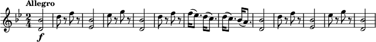 
\relative c'' {
  \version "2.18.2"
  \clef "treble" 
  \tempo "Allegro" 
  \key bes \major
  \time 2/4
    <d, bes'>2\f
    d'8 r8 f8 r8
    <ees, bes'>2
    ees'8 r8 g8 r8
    <d, bes'>2
    d'8 r8 f8 r8
    f16 (ees8.) d16 (c8.) 
    d16 (c8.) bes16 (a8.)
    <d, bes'>2
    d'8 r8 f8 r8
    <ees, bes'>2
    ees'8 r8 g8 r8
    <d, bes'>2
}
