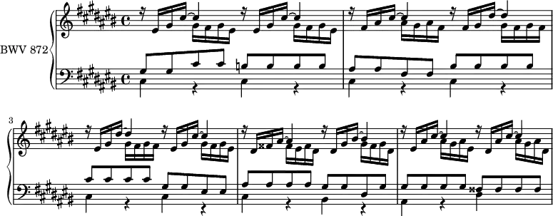 
\version "2.18.2"
\header {
  tagline = ##f
}

upper = \relative c' {
  \clef treble 
  \key cis \major
  \time 4/4
  \tempo 4 = 80
  \set Staff.midiInstrument = #"harpsichord" 

   %% PRÉLUDE CBT II-3, BWV 872, ut-dièse majeur
   \repeat unfold 2 { << { r16 eis gis cis~ cis4 } \\ { s4 gis16 fis gis eis } >> }
   << { r16 fis16 ais cis~ cis4 r16 fis, gis dis'~ dis4 } \\ { s4 ais16 gis ais fis s4 gis16 fis gis fis } >>
   << { r16 eis16 gis dis'~ dis4 r16 eis,16 gis cis~ cis4 } \\ { s4 gis16 fis gis fis s4 gis16 fis gis eis } >>
   << { r16 dis16 fisis ais~ ais4 r16 dis,16 gis bis~ bis4 } \\ { s4 fisis16 eis fisis dis s4 gis16 fisis gis dis } >>
   << { r16 eis16 ais cis~ cis4 r16 dis,16 ais' cis~ cis4 } \\ { s4 ais16 gis ais eis s4 ais16 gis ais dis, } >>
}

lower = \relative c {
  \clef bass 
  \key cis \major
  \time 4/4
  \set Staff.midiInstrument = #"harpsichord" 
    
   << { gis'8 gis cis cis b b b b ais ais fis fis \repeat unfold 4 { bis } \repeat unfold 4 { cis } gis gis eis eis | ais ais ais ais gis gis dis gis | \repeat unfold 4 { gis } \repeat unfold 4 { fisis } | } \\ { \repeat unfold 3 { \repeat unfold 2 { cis4 r4 } } cis4 r4 bis r4 ais r4 dis } >>
    
} 

\score {
  \new PianoStaff <<
    \set PianoStaff.instrumentName = #"BWV 872"
    \new Staff = "upper" \upper
    \new Staff = "lower" \lower
  >>
  \layout {
    \context {
      \Score
      \remove "Metronome_mark_engraver"
    }
  }
  \midi { }
}
