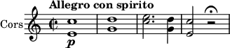 \version "2.18.2"
 \new Staff \with { instrumentName = #"Cors"}
 \relative c' {
    \key c \major 
    \time 2/2
    \tempo "Allegro con spirito"
    \tempo 4 = 120
    <e c'>1 \p <g d'> <c e>2. <g d'>4 <e c'>2 r2 \fermata
 }