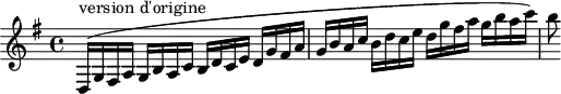 
\version "2.18.2"
\header {
  tagline = ##f
  % composer = "Mozart"
  % opus = ""
  % meter = "Allegro"
}

\score {
<<
  \relative c'' {
    \key g \major
    \time 4/4
    \tempo 4 = 110
    \override TupletBracket #'bracket-visibility = ##f 

     %%%%%%
     d,,16(^"version d'origine" g fis a g b a c b d c e d g fis a g b a c b d c e d g fis a g b a c) b8

  }
>>
  \layout {
     #(layout-set-staff-size 17)
     \context { \Score \remove "Metronome_mark_engraver" 
     \override SpacingSpanner.common-shortest-duration = #(ly:make-moment 1/2)
     }
  }
  \midi { \set Staff.midiInstrument = #"clarinet" }
}
