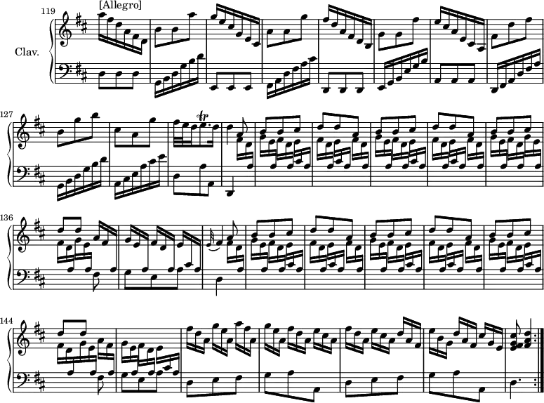 
\version "2.18.2"
\header { 
  tagline = ##f
  % composer = "Domenico Scarlatti"
  % opus = "K. 21"
  % meter = "Allegro"
}

%% les petites notes
trillEqp     = { \tag #'print { e8.\trill } \tag #'midi { fis32 e fis e~ e16 } }

upper = \relative c'' {
  \clef treble 
  \key d \major
  \time 3/8
  \tempo 4 = 86
  \set Staff.midiInstrument = #"harpsichord"
  \override TupletBracket.bracket-visibility = ##f
  \set Score.currentBarNumber = #119
  \omit Staff.TimeSignature
  \omit TupletNumber 
    \bar ""

      s8*0^\markup{[Allegro]}
      a'16 fis d a fis d | b'8 b a' | g16 e cis g e cis | a'8 a g' | fis16 d a fis d b | g'8 g fis' | e16 cis a e cis a | fis'8 d' fis | b, g' b |
      % ms. 128
      cis,8 a g' | fis32 e d16 \trillEqp d16 | d4 \times 2/3 { \stemDown fis,16[ d \stemUp \change Staff = "lower"  a] }  |  
   \repeat unfold 2 { 
     \stemDown \change Staff = "upper" \times 2/3 { g'16 e \stemUp \change Staff = "lower"  a, } 
         \repeat unfold 2 { \stemDown \change Staff = "upper" \times 2/3 { fis'16[ d \stemUp \change Staff = "lower"  a] } \stemDown \change Staff = "upper" \times 2/3 { e'16[ \stemUp \change Staff = "lower" cis a] } 
         }
      \stemDown \change Staff = "upper" \times 2/3 { fis'16 d \stemUp \change Staff = "lower"  a } 
    } \stemDown \change Staff = "upper"  |

      \times 2/3 { g'16[ e \stemUp \change Staff = "lower"  a,] } \stemDown \change Staff = "upper" \times 2/3 { fis'16 d \stemUp \change Staff = "lower"  a } \stemDown \change Staff = "upper" \times 2/3 { g'16[ e \stemUp \change Staff = "lower" a,] } |
      \stemDown \change Staff = "upper" \times 2/3 { fis'16 d \stemUp \change Staff = "lower"  a } \stemDown \change Staff = "upper" \times 2/3 { g'16[ e \stemUp \change Staff = "lower"  a,] } \stemUp \change Staff = "upper" \times 2/3 { a'16 fis \change Staff = "lower" a, } \stemUp \change Staff = "upper" \times 2/3 { g'16[ e \change Staff = "lower" a,] } \stemUp \change Staff = "upper" \times 2/3 { fis'16[ d \change Staff = "lower" a] }  \stemUp \change Staff = "upper" \times 2/3 { e'16[ \change Staff = "lower" cis a] } | \change Staff = "upper" \appoggiatura e'32 fis4
  
      % ms. 138 fin
      \times 2/3 { \stemDown fis16[ d \stemUp \change Staff = "lower"  a] }  |  
   \repeat unfold 2 { 
     \stemDown \change Staff = "upper" \times 2/3 { g'16 e \stemUp \change Staff = "lower"  a, } 
         \repeat unfold 2 { \stemDown \change Staff = "upper" \times 2/3 { fis'16[ d \stemUp \change Staff = "lower"  a] } \stemDown \change Staff = "upper" \times 2/3 { e'16[ \stemUp \change Staff = "lower" cis a] } 
         }
      \stemDown \change Staff = "upper" \times 2/3 { fis'16 d \stemUp \stemUp \change Staff = "lower"  a } 
    } \stemDown \change Staff = "upper" \times 2/3 { g'16[ e \stemUp \change Staff = "lower" a,] } \stemDown \change Staff = "upper" \times 2/3 { fis'16[ d \stemUp \change Staff = "lower" a] }  \stemDown \change Staff = "upper" \times 2/3 { e'16[ \stemUp \change Staff = "lower" cis a] } |
      \stemDown \change Staff = "upper" \times 2/3 { fis'16 d \stemUp \stemUp \change Staff = "lower"  a }  \stemDown \change Staff = "upper" \times 2/3 { g'16 e \stemUp \change Staff = "lower"  a, }  \stemDown \change Staff = "upper" \times 2/3 { a'16[ fis \stemUp \change Staff = "lower"  a,] } |
      % ms. 145
      \stemDown \change Staff = "upper" \times 2/3 { g'16[ e \stemUp \change Staff = "lower" a,] } \stemDown \change Staff = "upper" \times 2/3 { fis'16[ d \stemUp \change Staff = "lower" a] }  \stemDown \change Staff = "upper" \times 2/3 { e'16[ \stemUp \change Staff = "lower" cis a] } | \stemNeutral \change Staff = "upper" 

      \times 2/3 { fis''16[ d a] } \times 2/3 { g'16[ e a,] } \times 2/3 { a'16[ fis a,] } \times 2/3 { g'16[ e a,] } \repeat unfold 2 { \times 2/3 { fis'16[ d a] } \times 2/3 { e'16[ cis a] } } | \times 2/3 { d16[ a fis] } | \times 2/3 { e'16[ b g] }  \times 2/3 { d'16[ a fis] } \times 2/3 { cis'16[ g e] } | < e fis g cis >8 < fis a d >4 

}

lower = \relative c' {
  \clef bass
  \key d \major
  \time 3/8
  \set Staff.midiInstrument = #"harpsichord"
  \override TupletBracket.bracket-visibility = ##f
  \omit Staff.TimeSignature

    % ************************************** \appoggiatura a8  \repeat unfold 2 {  } \times 2/3 { }   \omit TupletNumber 
      d,8 d d | g,16 b d g b d |e,,8 e e | fis16 a d fis a cis | d,,8 d d | e16 g b e g b | a,8 a a | d,16 fis a d fis a | g, b d g b d |
      % ms. 128
      a,16 cis e a cis e | d,8 a' a, | d,4  \stemUp  \change Staff = "upper"  a'''8  | b b cis | \repeat unfold 2 { d d a | b b cis } | 
      % ms. 136
      d8[ d] \stemNeutral \change Staff = "lower"  fis,,8 | g e a | d,4 \stemUp  \change Staff = "upper"  a''8  | b b cis | \repeat unfold 2 { d d a | b b cis } | d8[ d] \stemNeutral \change Staff = "lower"  fis,,8 |
      % ms. 145
      g8 e a | \repeat unfold 2 { d, e fis | g a a, } | d4. \bar ":|."

}

thePianoStaff = \new PianoStaff <<
    \set PianoStaff.instrumentName = #"Clav."
    \new Staff = "upper" \upper
    \new Staff = "lower" \lower
  >>

\score {
  \keepWithTag #'print \thePianoStaff
  \layout {
      #(layout-set-staff-size 17)
    \context {
      \Score
      \override SpacingSpanner.common-shortest-duration = #(ly:make-moment 1/3)
      \remove "Metronome_mark_engraver"
    }
  }
}

\score {
  \keepWithTag #'midi \thePianoStaff
  \midi { }
}
